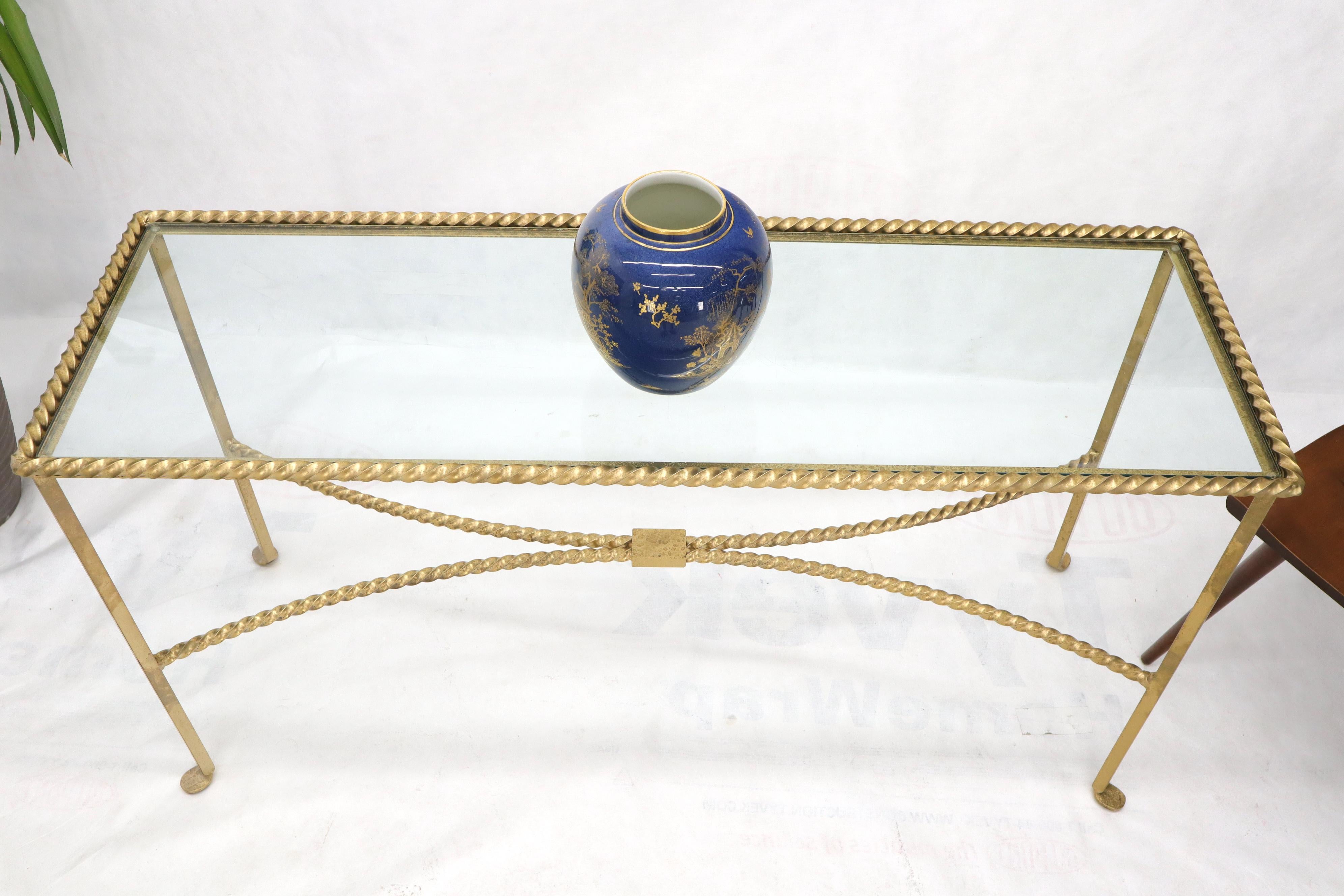 20th Century Twisted Rope Forged Gold Finish Glass Top Console Table For Sale