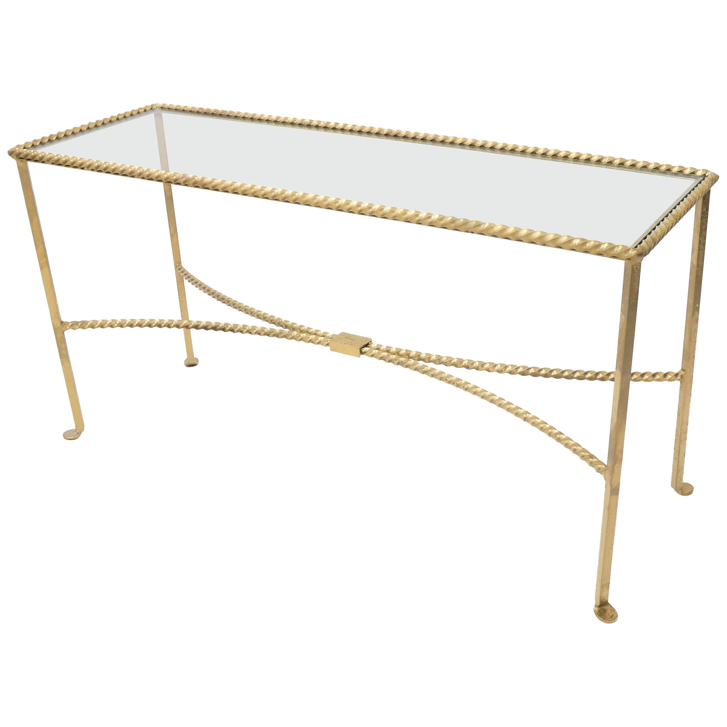 Twisted Rope Forged Gold Finish Glass Top Console Table For Sale