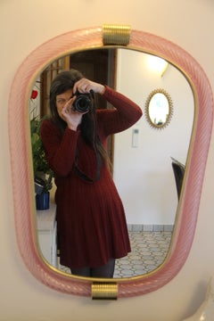 Twisted Rope Light Pink Murano Glass Mirror In Barovier Style