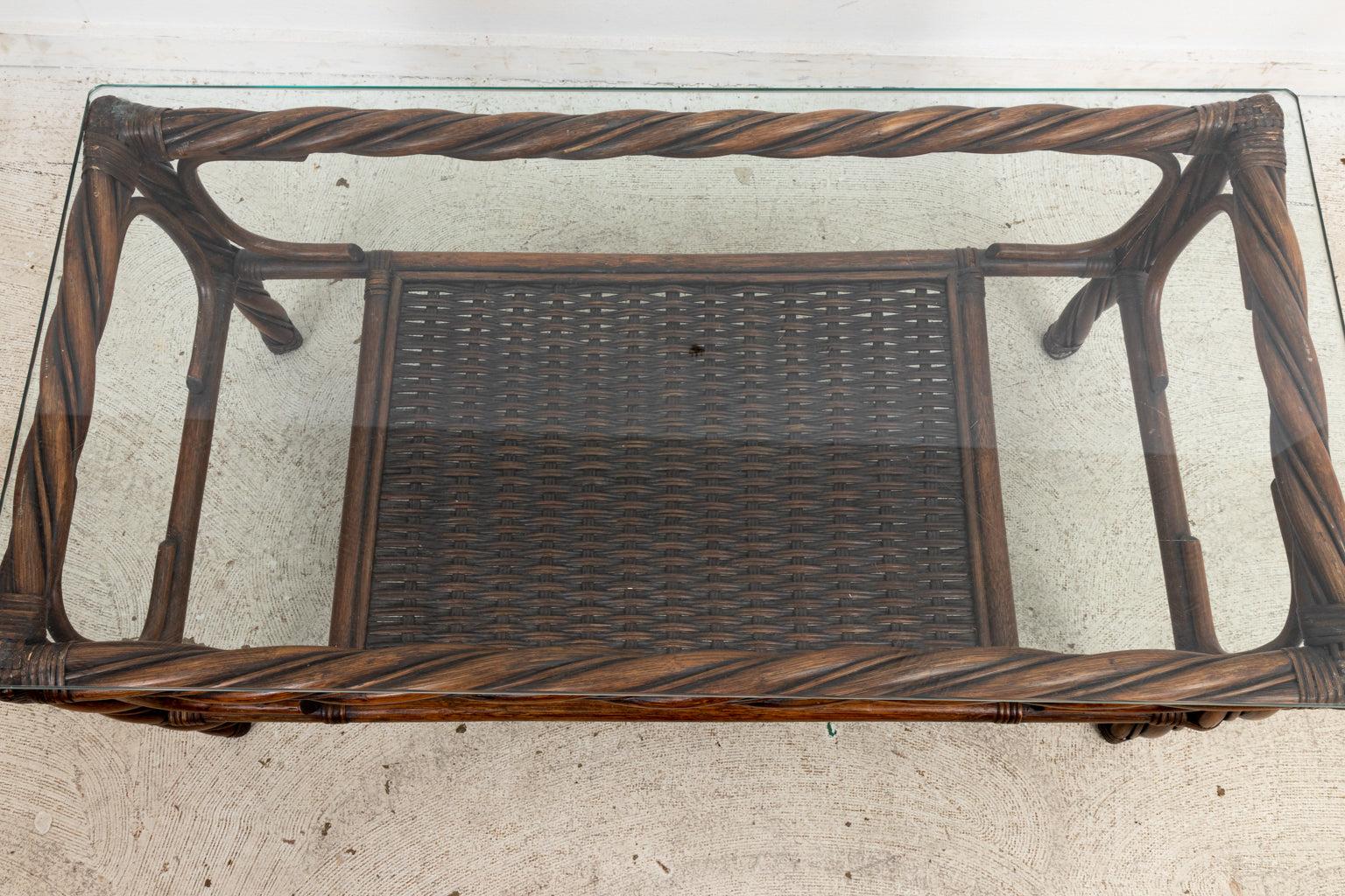 Unknown Twisted Rope Rattan Glass Top Coffee Table For Sale