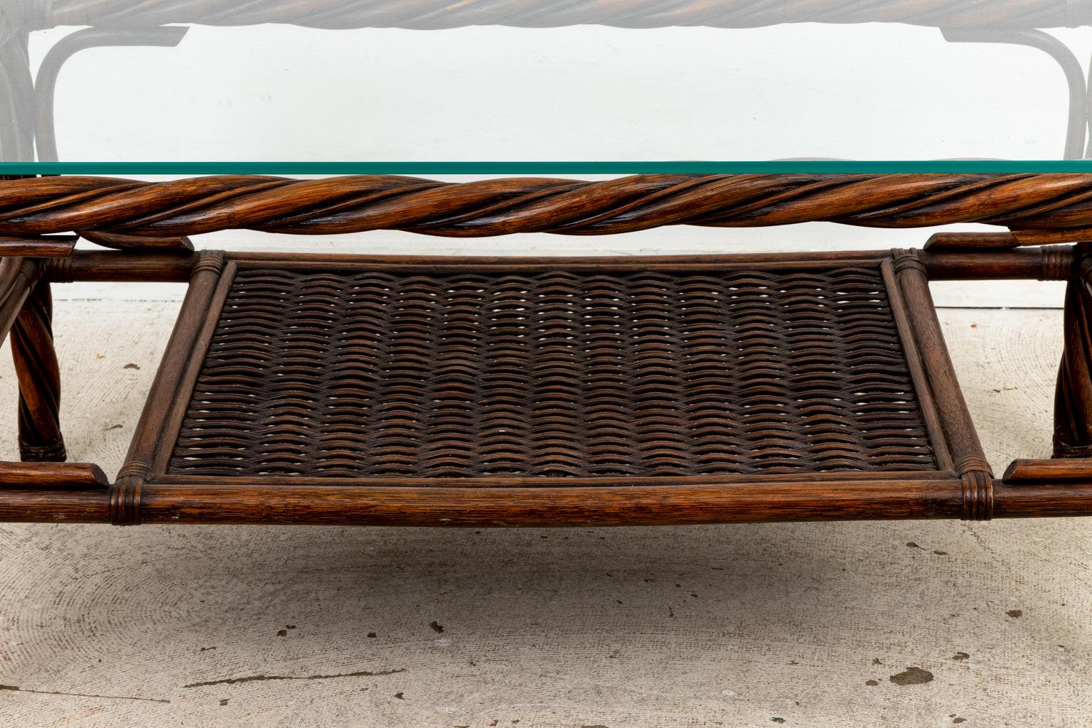 Twisted Rope Rattan Glass Top Coffee Table In Good Condition For Sale In Stamford, CT