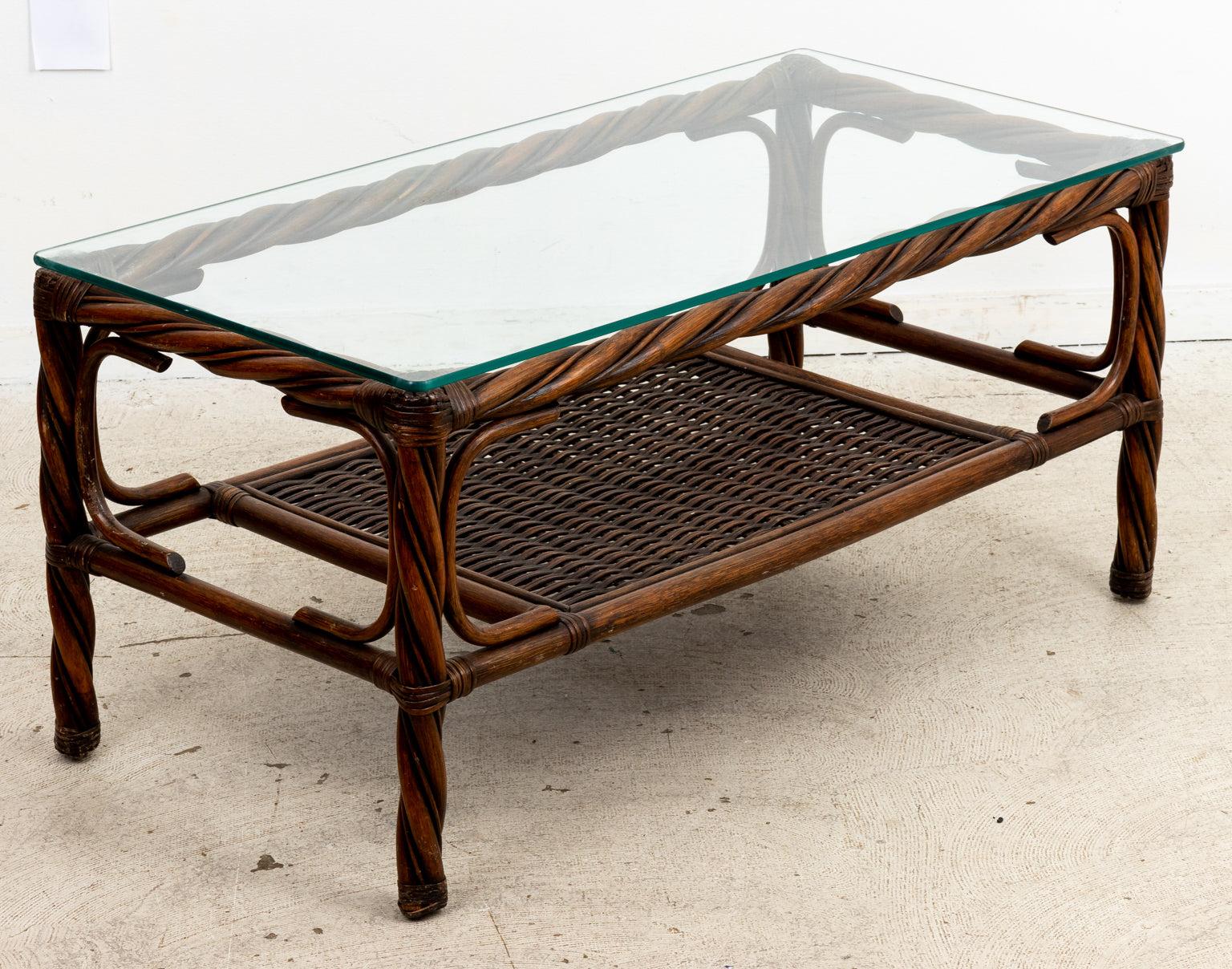 Contemporary Twisted Rope Rattan Glass Top Coffee Table For Sale