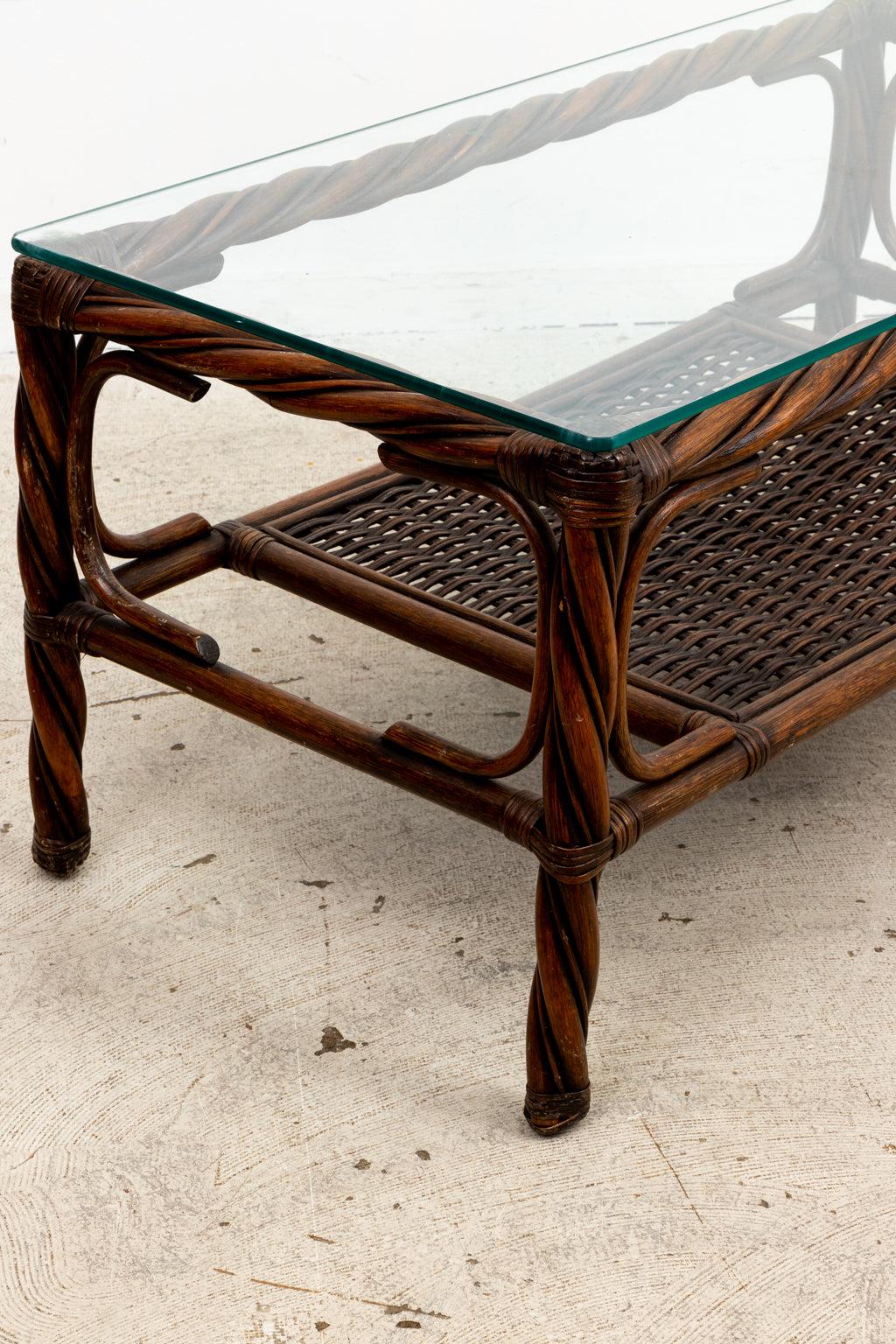 Twisted Rope Rattan Glass Top Coffee Table For Sale 1