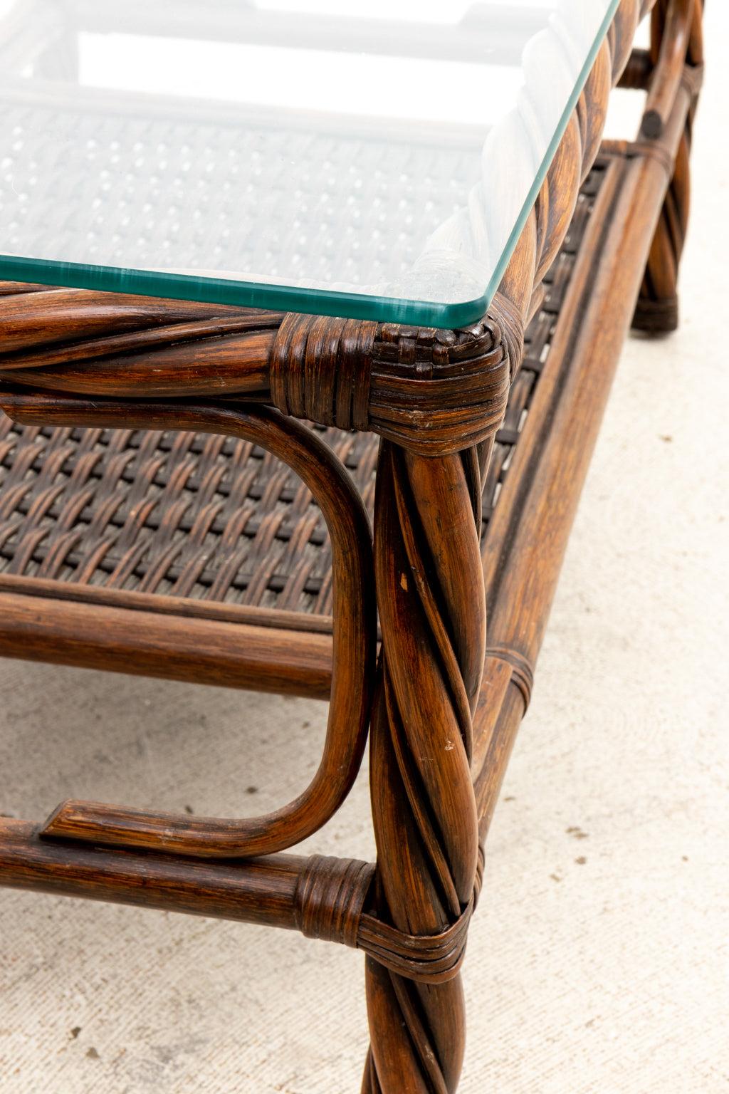 Twisted Rope Rattan Glass Top Coffee Table For Sale 2
