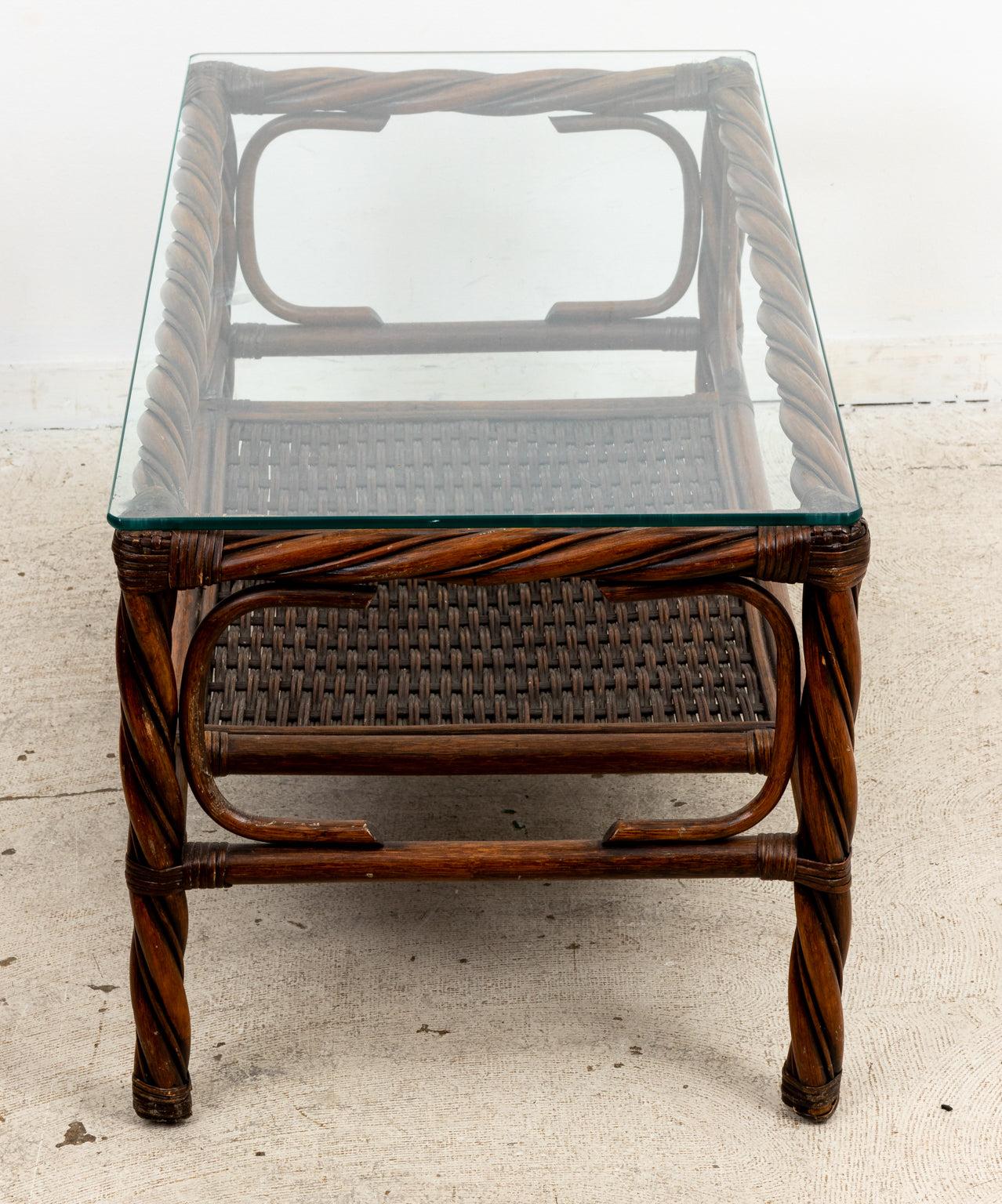 Twisted Rope Rattan Glass Top Coffee Table For Sale 4