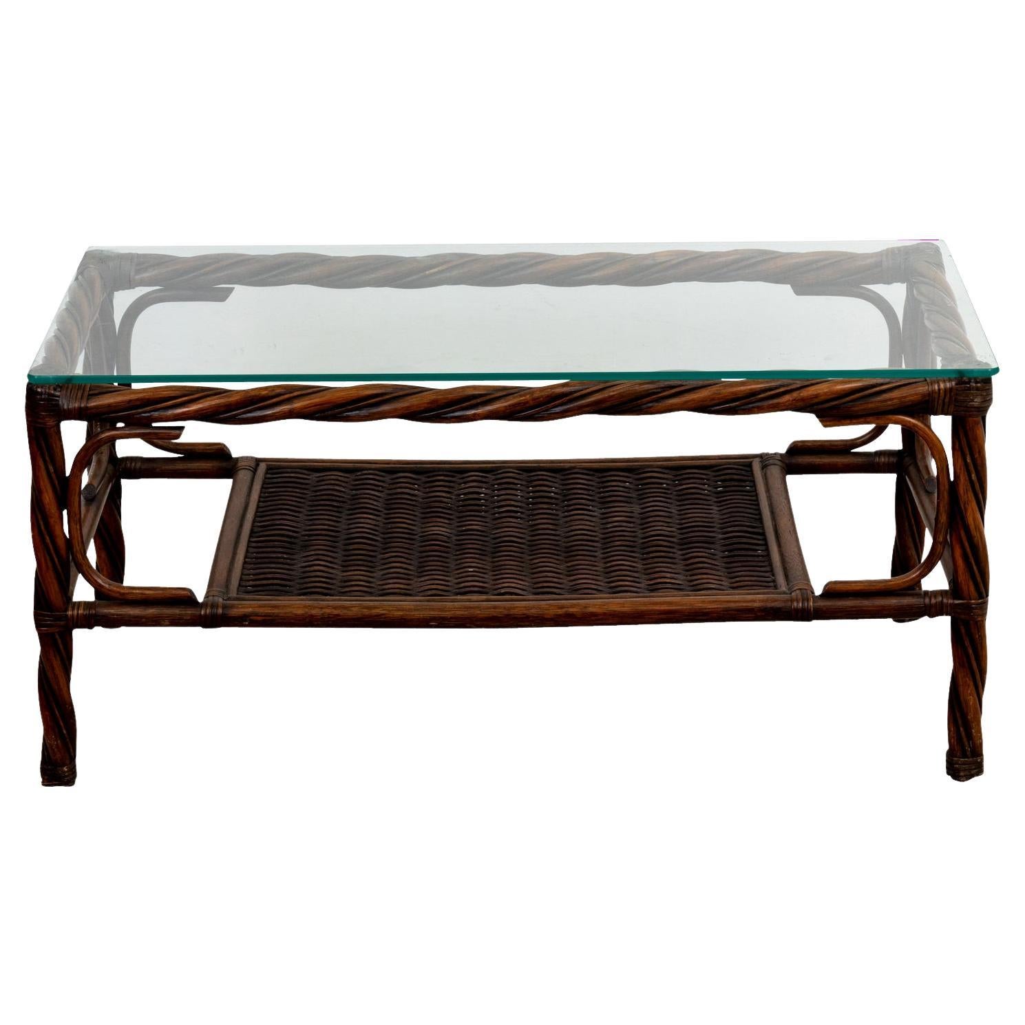 Twisted Rope Rattan Glass Top Coffee Table For Sale