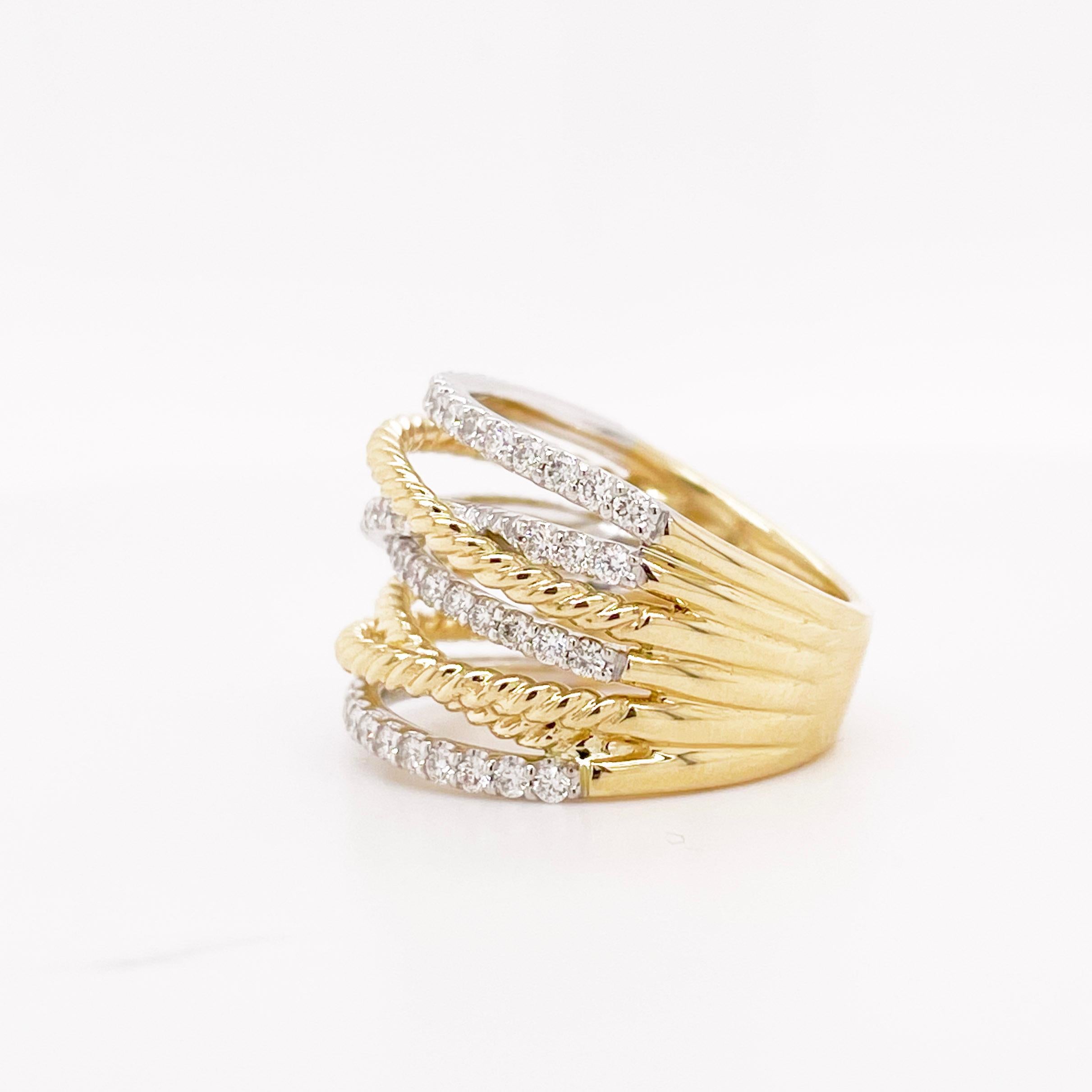 For Sale:  Twisted Rope Ring w Diamond Multi Row Band in 14K Mixed Metal 76 Diamonds 2