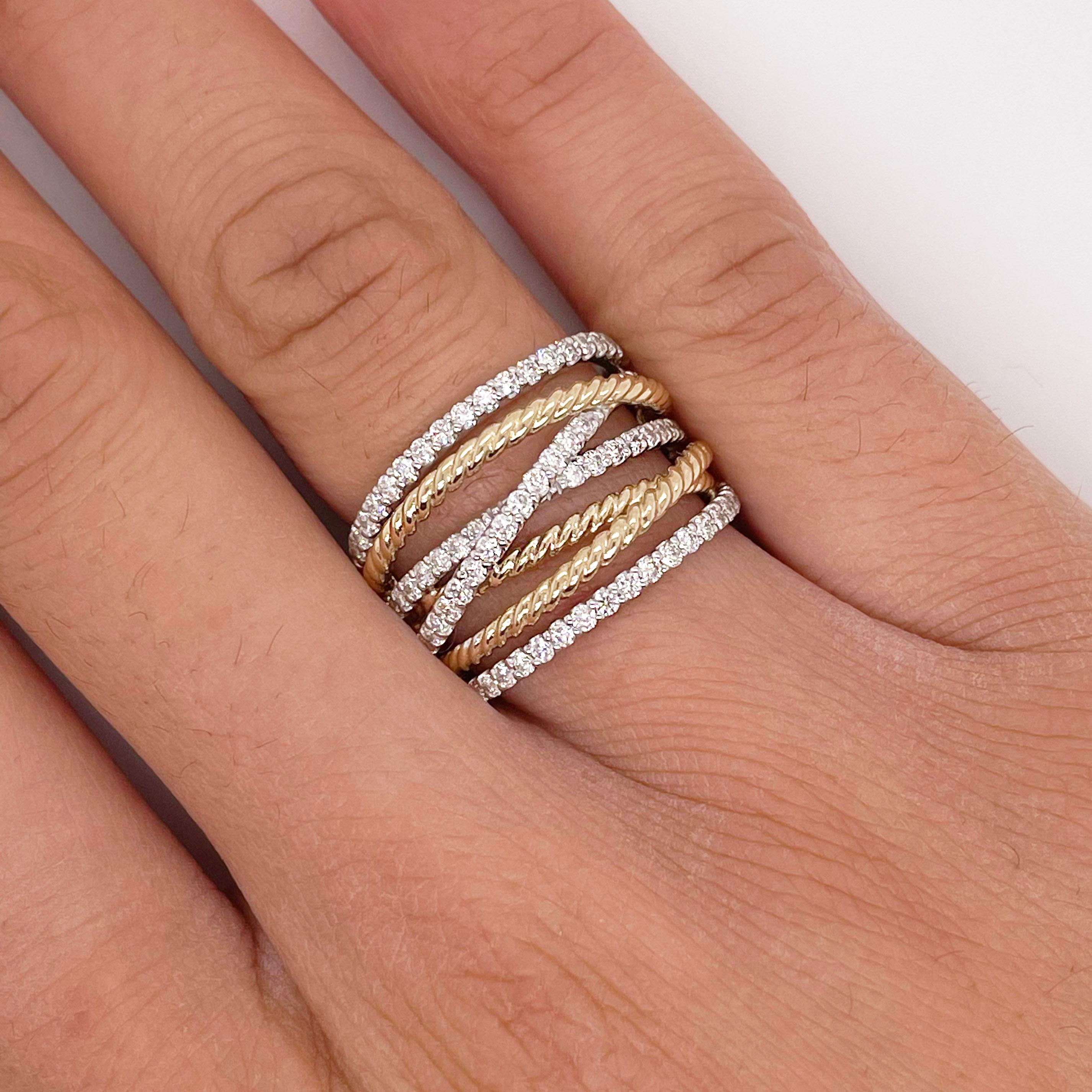 For Sale:  Twisted Rope Ring w Diamond Multi Row Band in 14K Mixed Metal 76 Diamonds 4