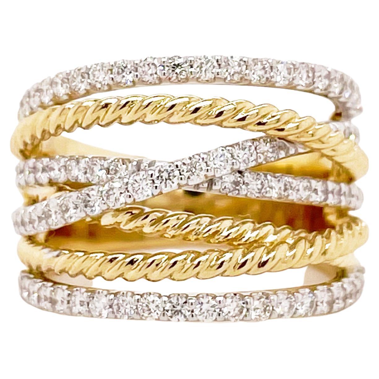 For Sale:  Twisted Rope Ring w Diamond Multi Row Band in 14K Mixed Metal 76 Diamonds