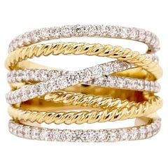 Twisted Rope Ring w Diamond Multi Row Band in 14K Mixed Metal 76 Diamonds