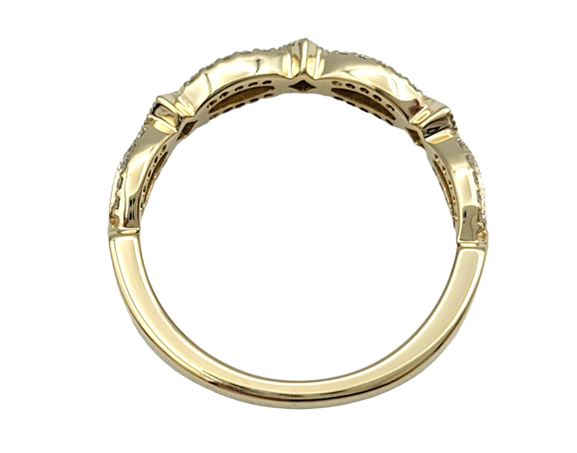 Contemporary Twisted Round Pavé Diamond Band Ring with Milgrain in 14 Karat Yellow Gold For Sale
