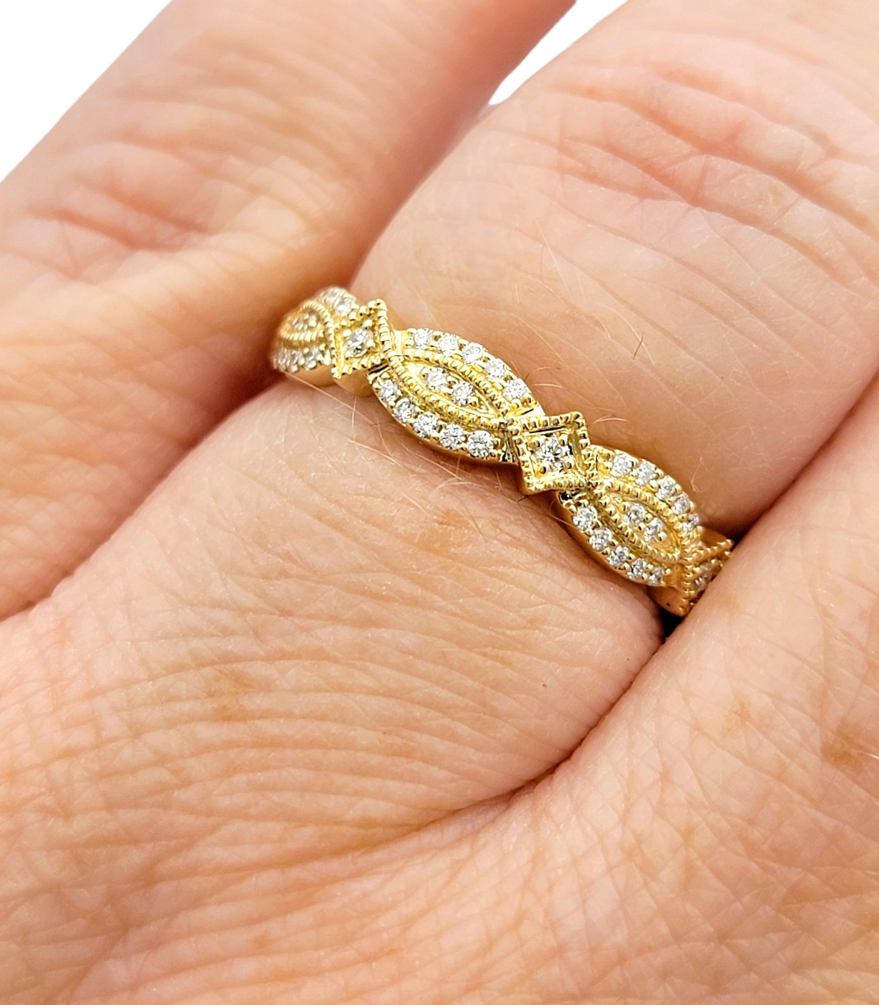 Twisted Round Pavé Diamond Band Ring with Milgrain in 14 Karat Yellow Gold For Sale 1