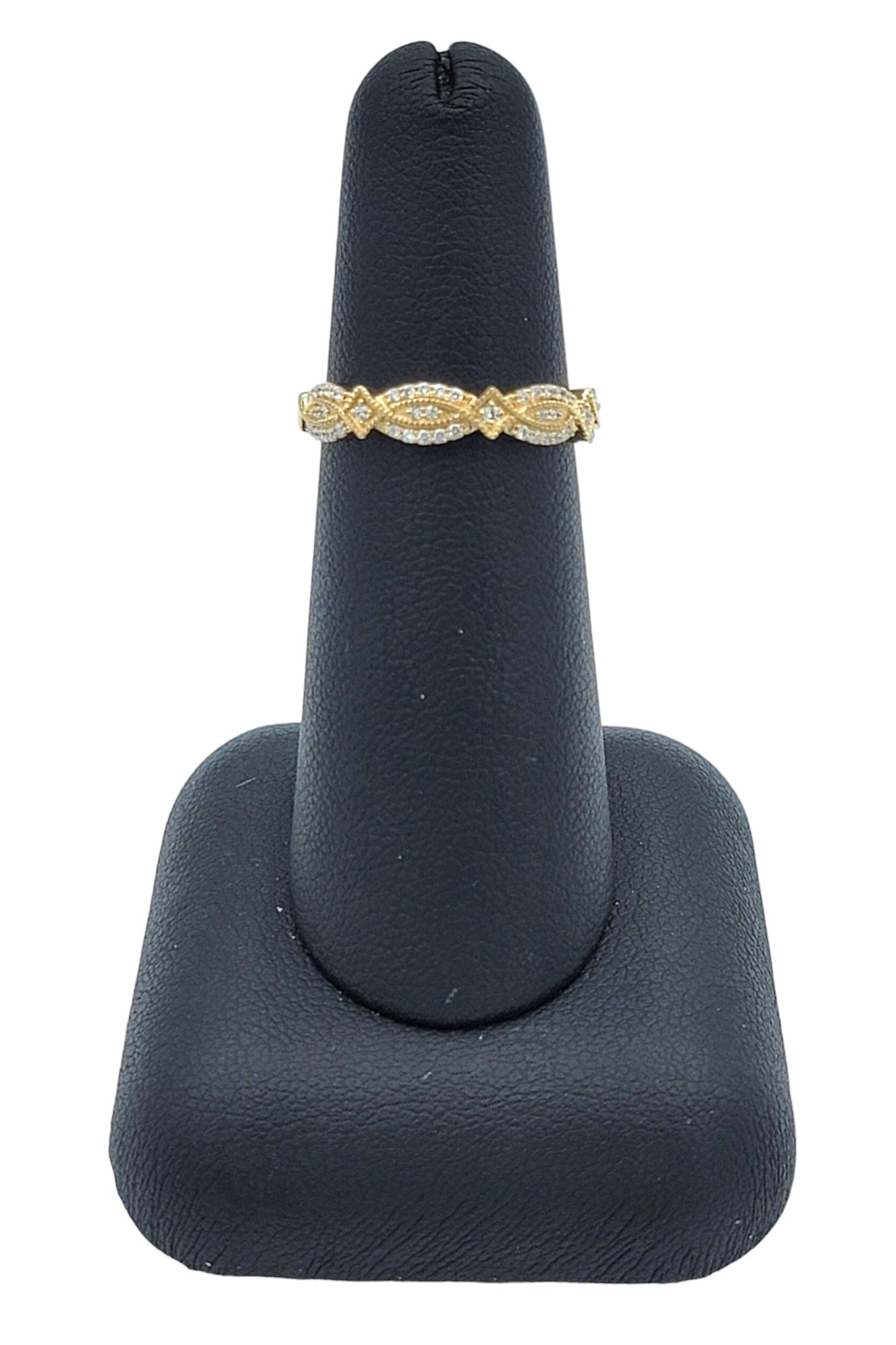 Twisted Round Pavé Diamond Band Ring with Milgrain in 14 Karat Yellow Gold For Sale 2