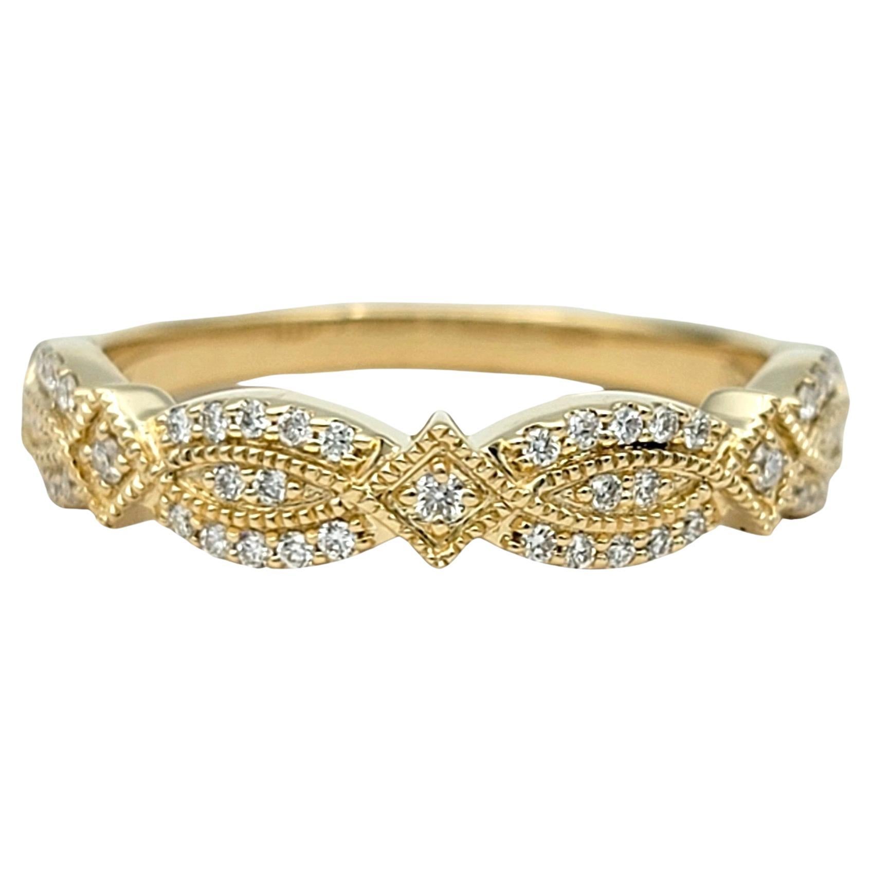 Twisted Round Pavé Diamond Band Ring with Milgrain in 14 Karat Yellow Gold For Sale