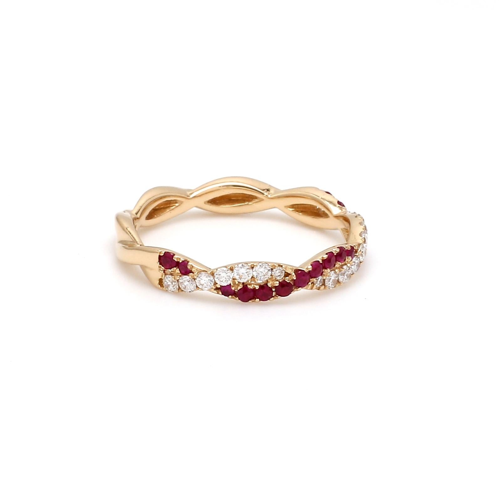 A Beautiful Handcrafted Twisted Ring in 18 Karat Yellow Gold  with Natural Rubies and Diamonds on Shank in a Twisted shank. A perfect Ring for occasion

Ruby Details
Pieces : 18 Pieces Emerald Cut 
Weight : 0.23 Carat 
AAA Quality Rubies

Natural