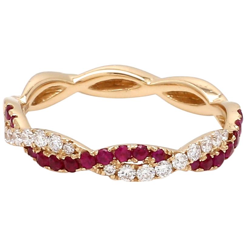 Twisted Ruby and Diamond 18 Karat Yellow Gold Engagement Wedding Band Ring