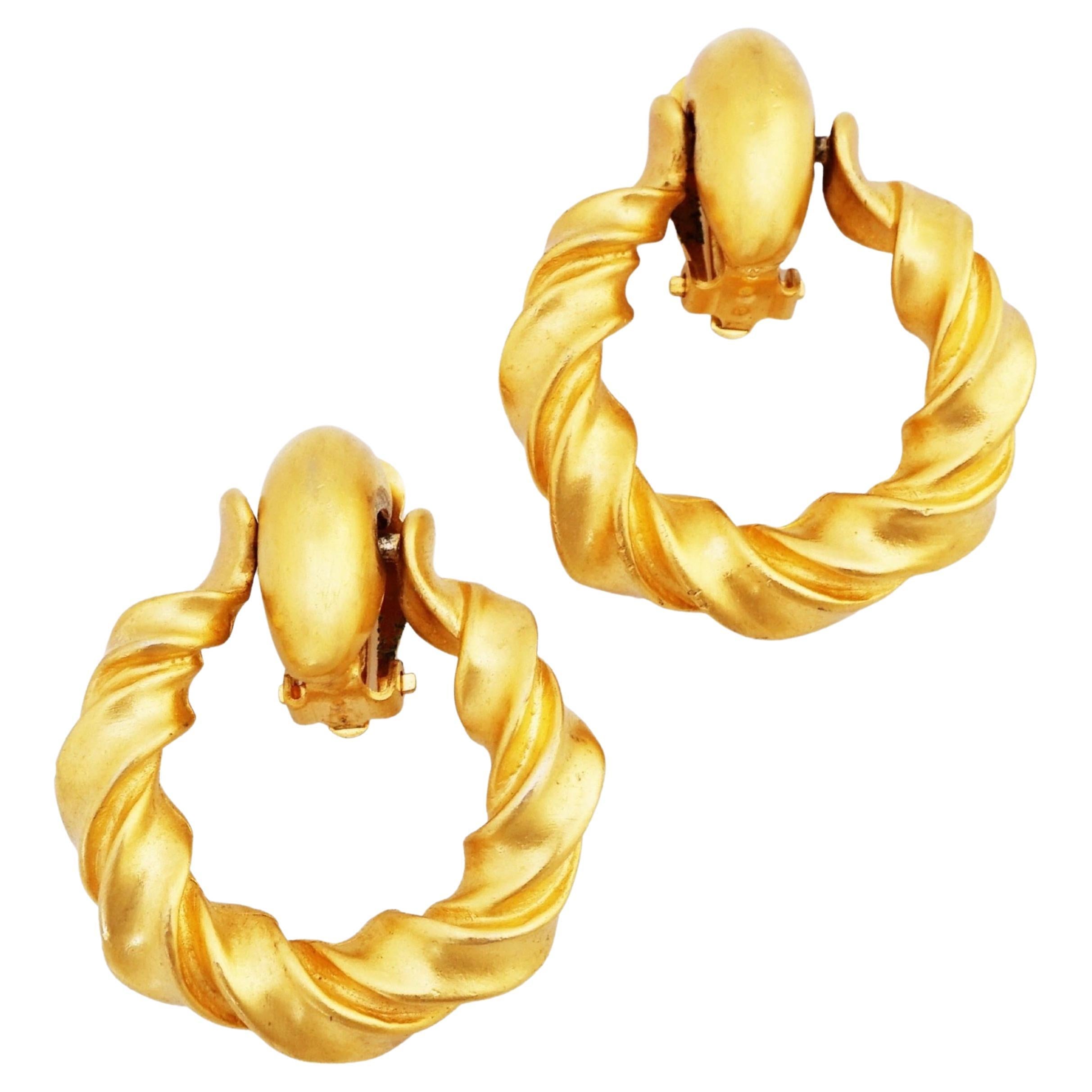 Twisted Satin Gold Door Knocker Statement Earrings By Anne Klein, 1980s