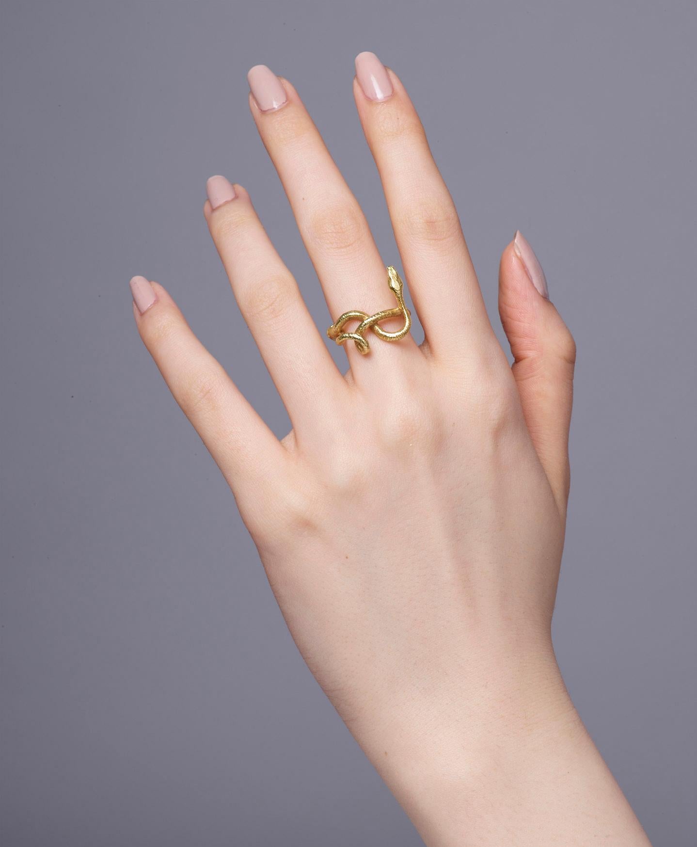 The wadjet twists and turns as it encircles your finger protecting you at every turn. A symbol of sovereignty, royalty and divine authority the snake will guide you on your life path as you shed your skin on the journey of rebirth.  

Your ring will