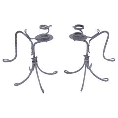 Twisted Tinned Wrought Iron Pair of Vintage Candlesticks