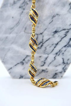 Twisted Triple Striped Blue Sapphire Diamond Curl 18K Yellow Gold Link Bracelet