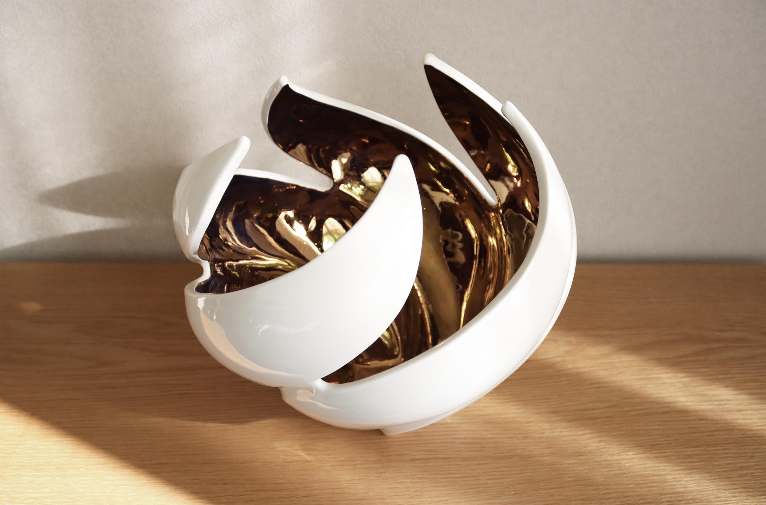 Contemporary Twisted Vessel, White and Copper Lustre 'Bloom' For Sale