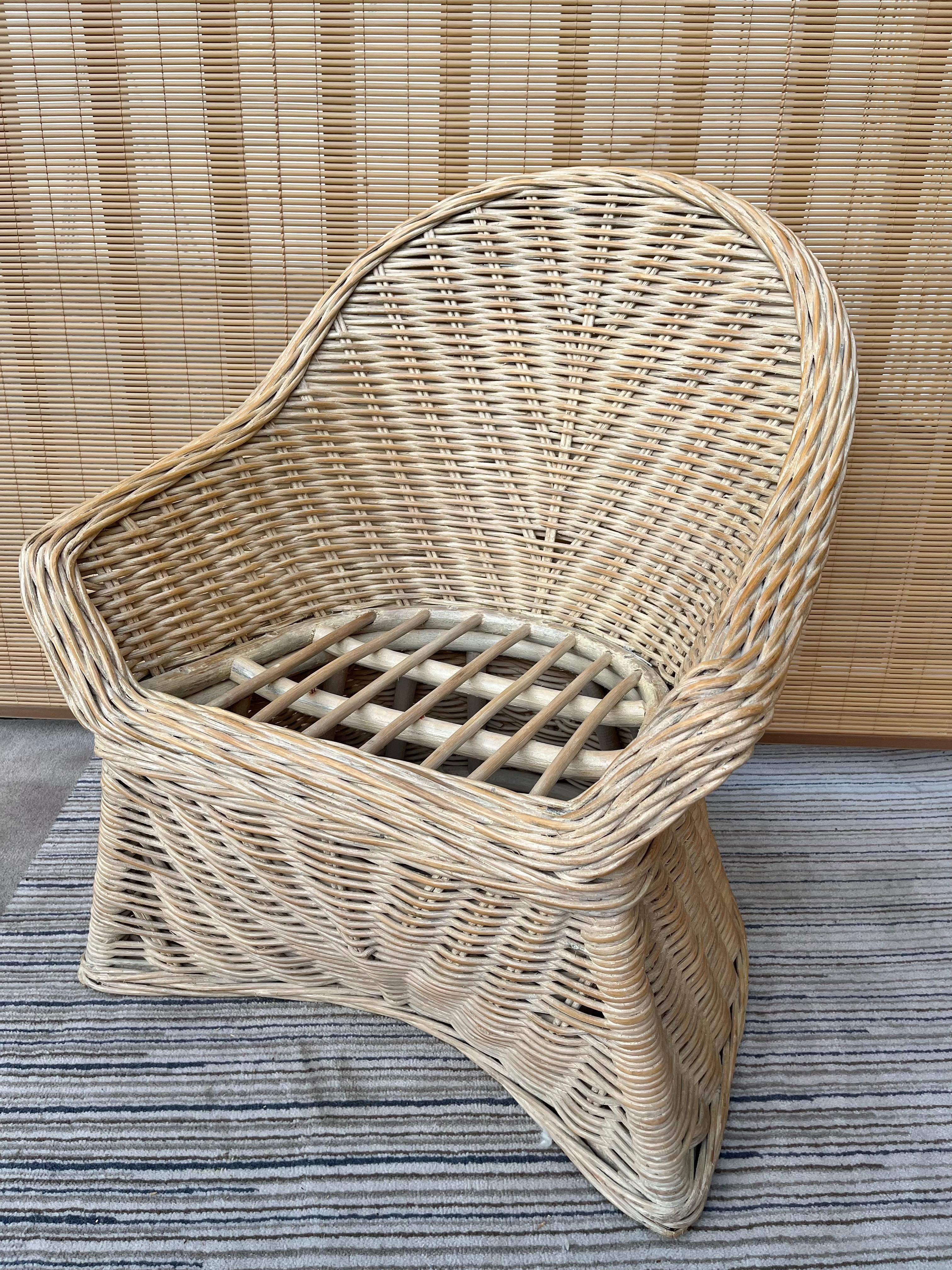 Twisted Washed White Rattan Coastal Style Barrel Back Lounge Chair For Sale 1