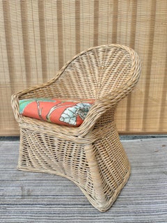 Twisted Washed White Rattan Coastal Style Barrel Back Lounge Chair