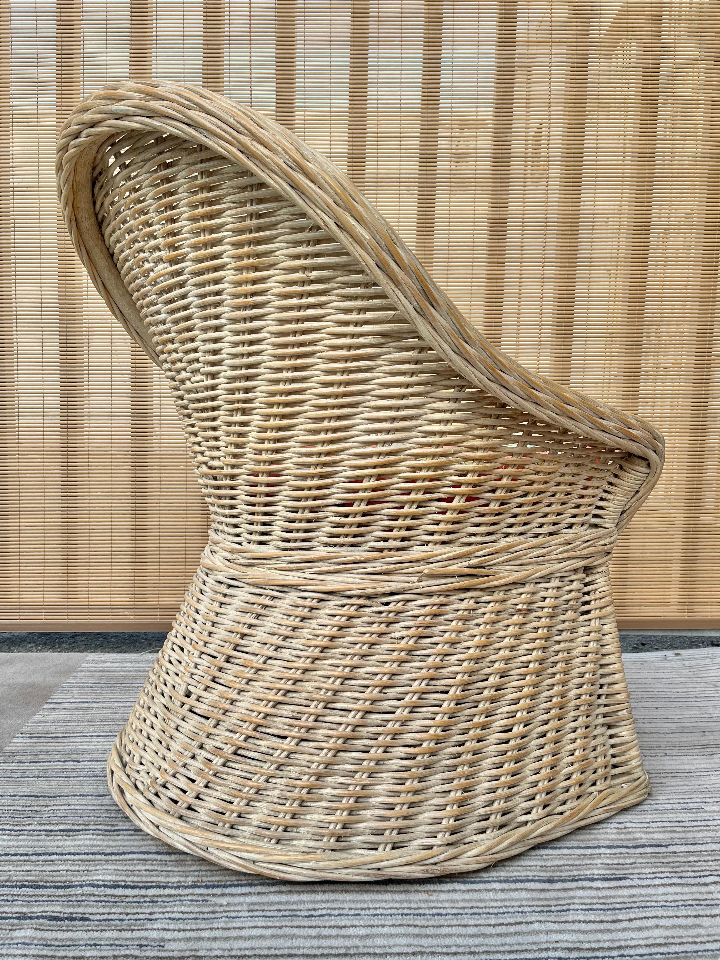 Bohemian Twisted Washed White Rattan Coastal Style Barrel Back Lounge Chair For Sale