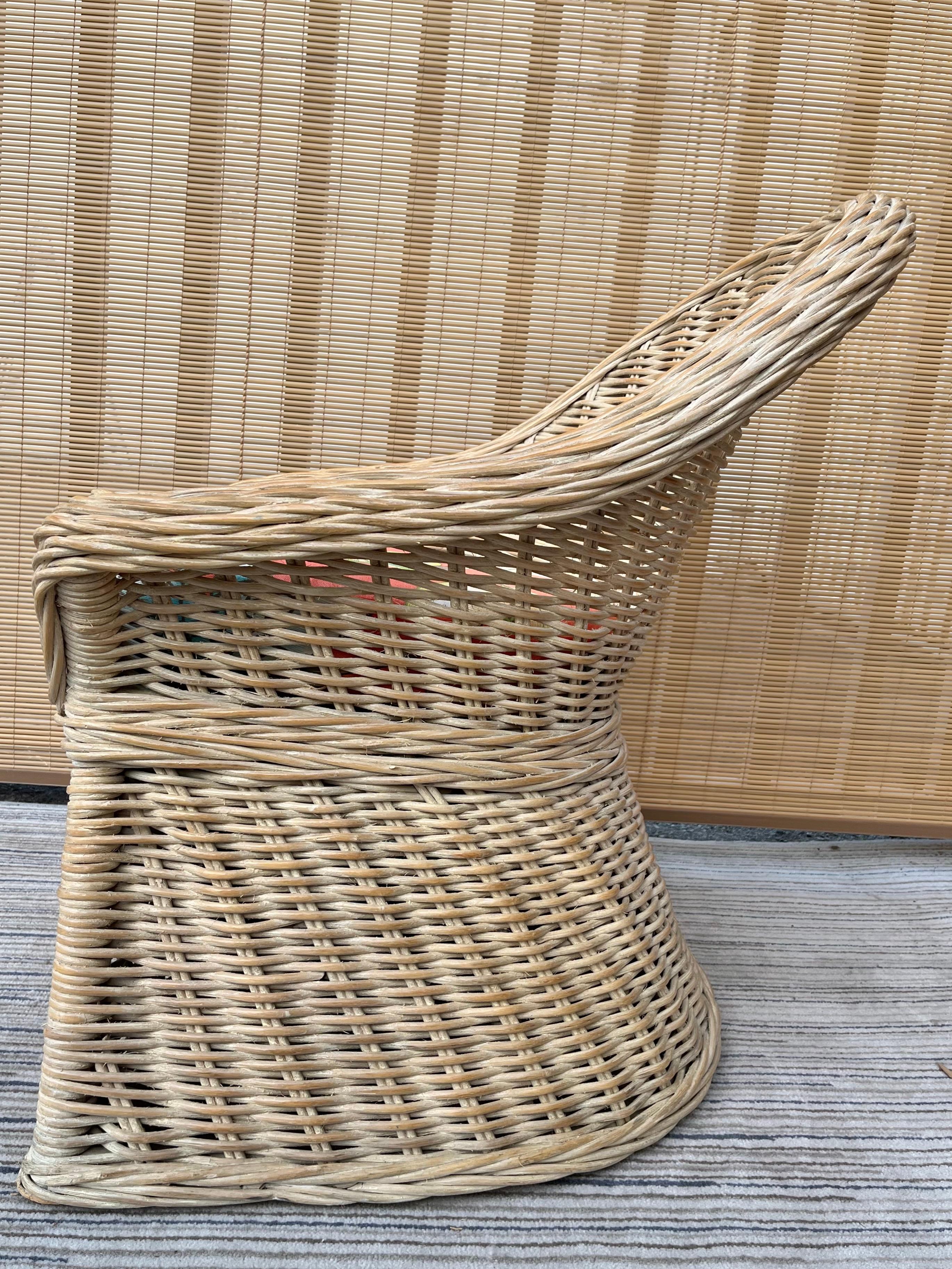 Wicker Twisted Washed White Rattan Coastal Style Barrel Back Lounge Chair For Sale
