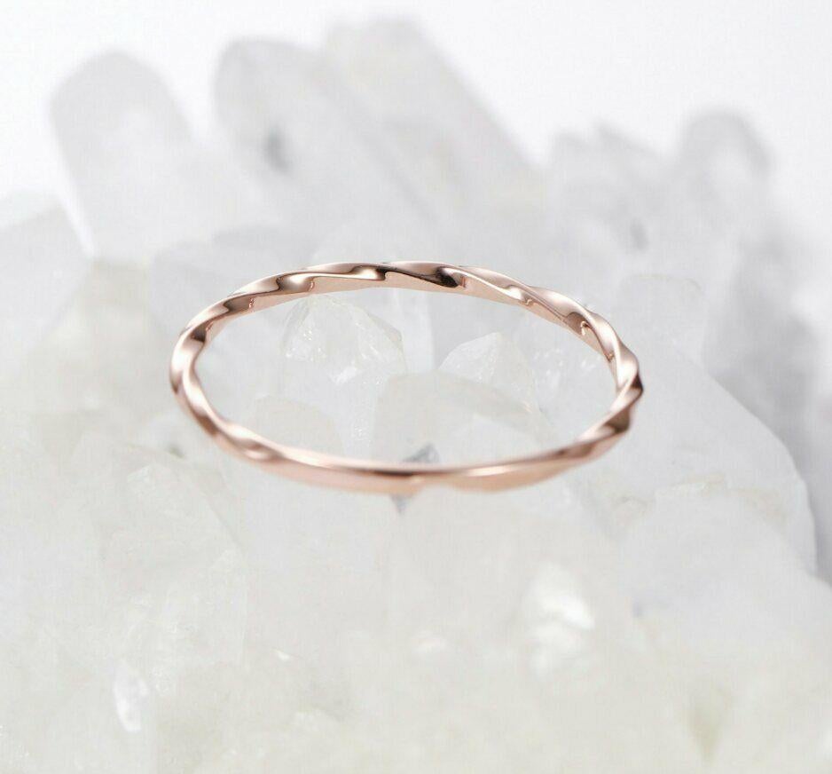 Twisted Wedding Band Unique Rose Gold Band Ring Delicate Plain Gold Bridal Set For Sale 5