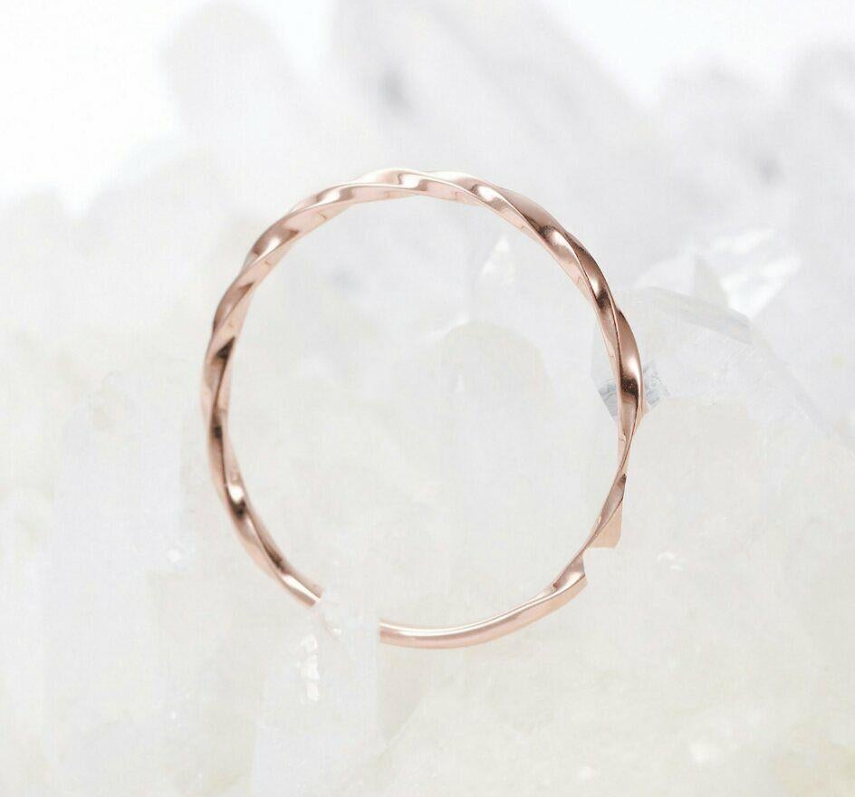 Twisted Wedding Band Unique Rose Gold Band Ring Delicate Plain Gold Bridal Set For Sale 6