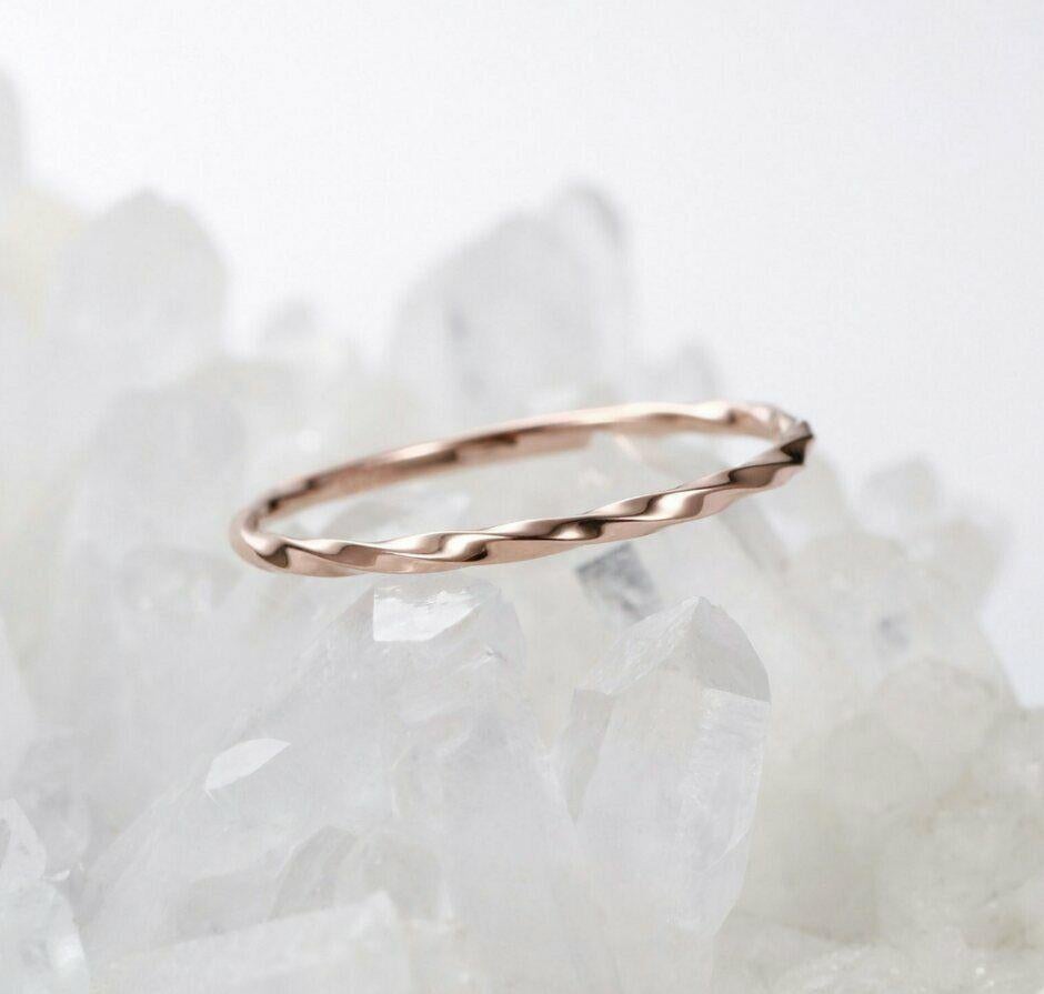 Twisted Wedding Band Unique Rose Gold Band Ring Delicate Plain Gold Bridal Set
Total Carat Weight: 0.24 & Under
Base Metal: Rose  Gold
Certification: BIS Hallmark, IGI
Band Thickness: 1.3mm Approx
Material: Gold
Band Width: 1.5 mm
