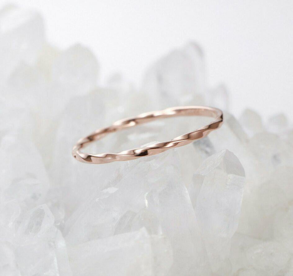 Art Deco Twisted Wedding Band Unique Rose Gold Band Ring Delicate Plain Gold Bridal Set For Sale