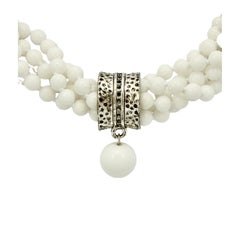 Twisted White Bead Necklace with Silver Plated and Black Enamel Pendant