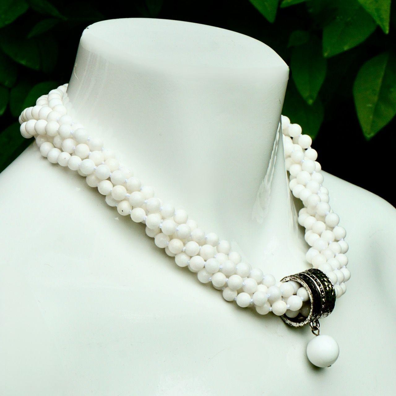Twisted White Bead Necklace with Silver Plated and Black Enamel Pendant For Sale 1