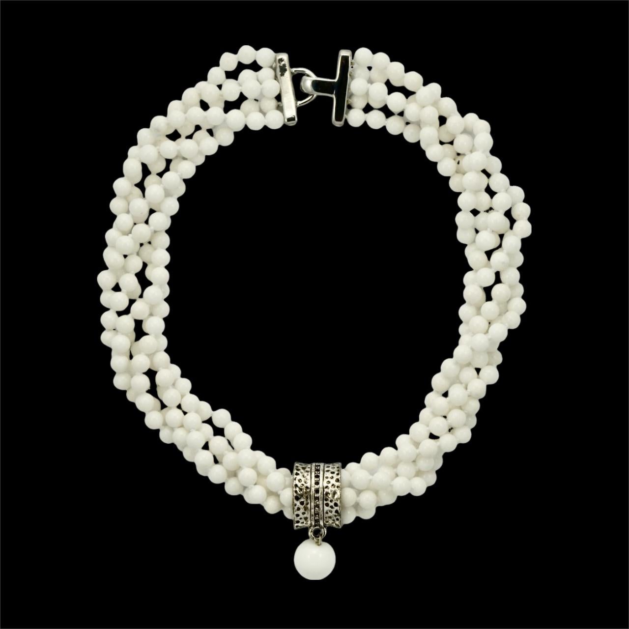Twisted White Bead Necklace with Silver Plated and Black Enamel Pendant For Sale 3