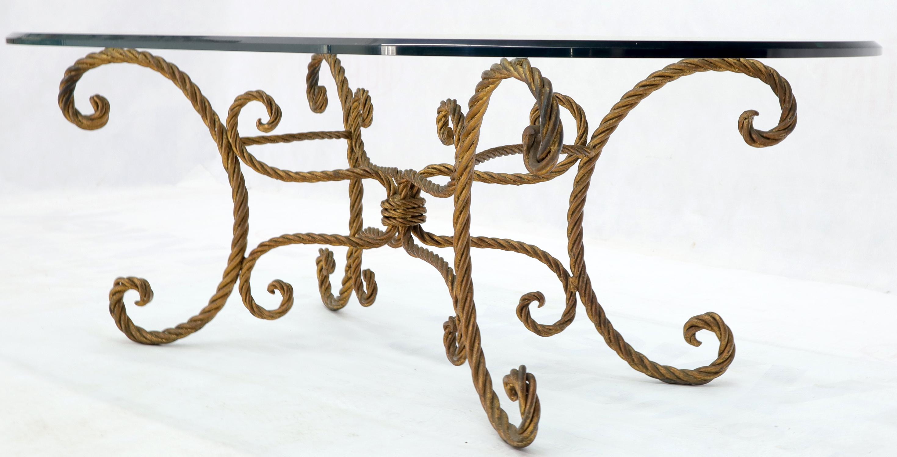 Art Deco Twisted Wrought Iron Rope Gold Gilt Base Oval Racetrack Glass Top Coffee Table For Sale