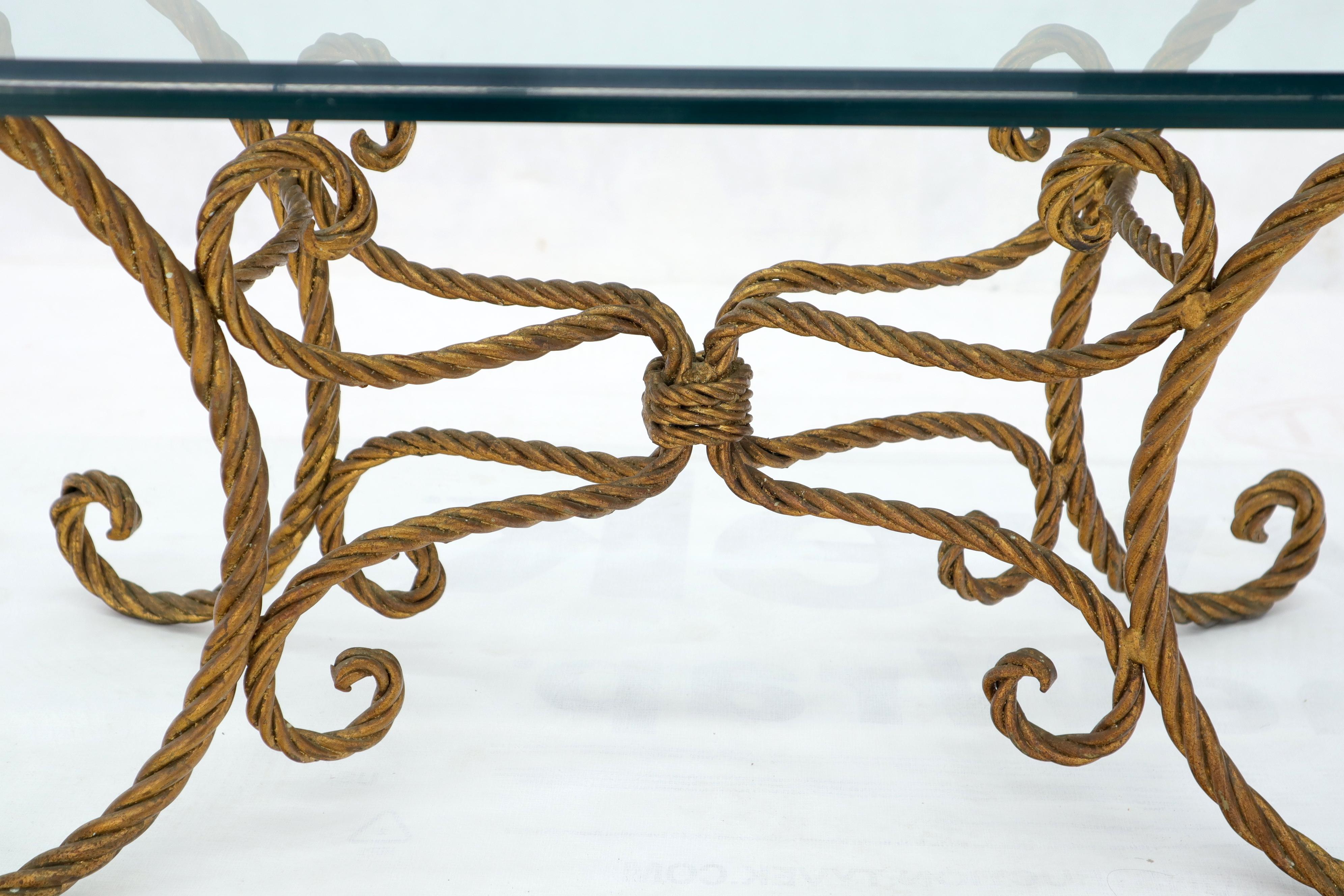 Italian Twisted Wrought Iron Rope Gold Gilt Base Oval Racetrack Glass Top Coffee Table For Sale