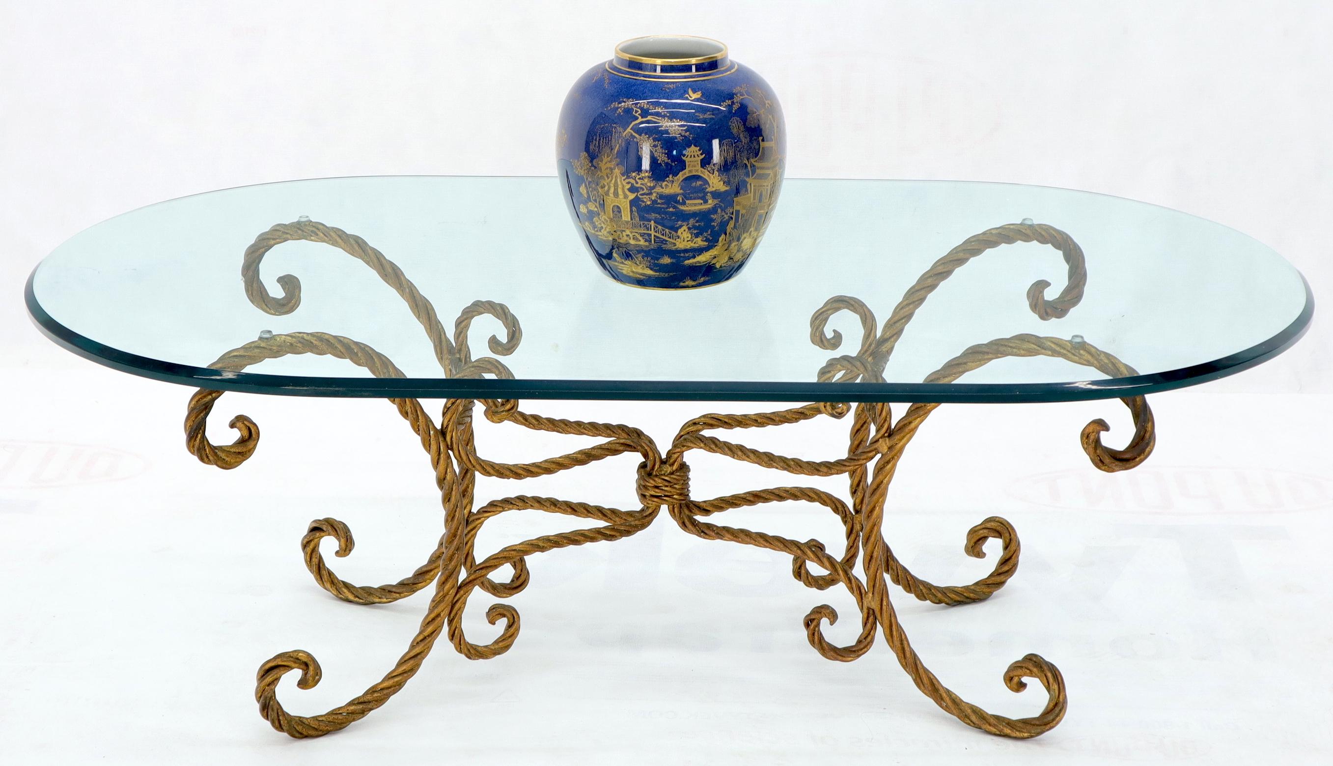 20th Century Twisted Wrought Iron Rope Gold Gilt Base Oval Racetrack Glass Top Coffee Table For Sale