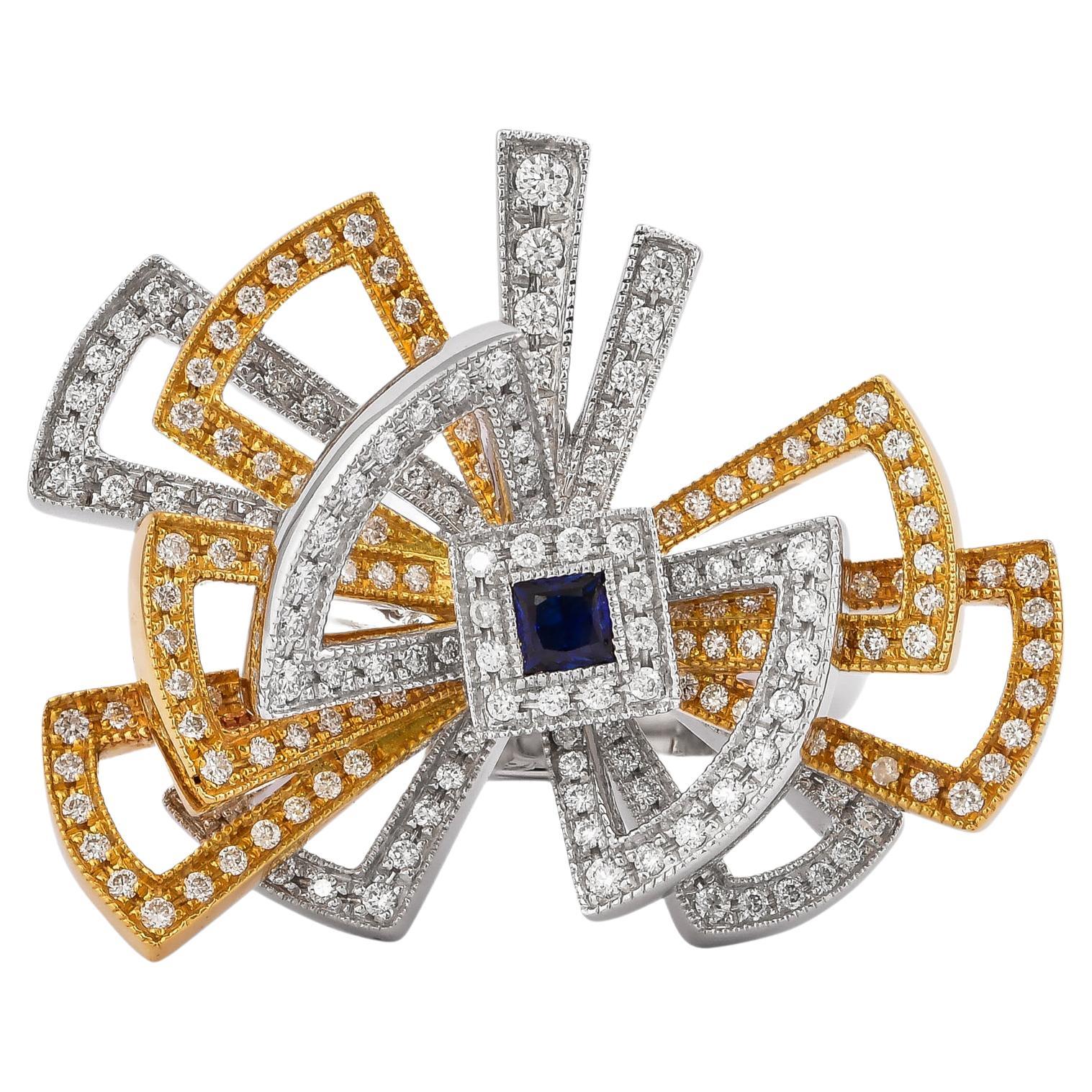 Twister Blue Sapphire & Diamond Ring in 18 Karat White & Yellow Gold