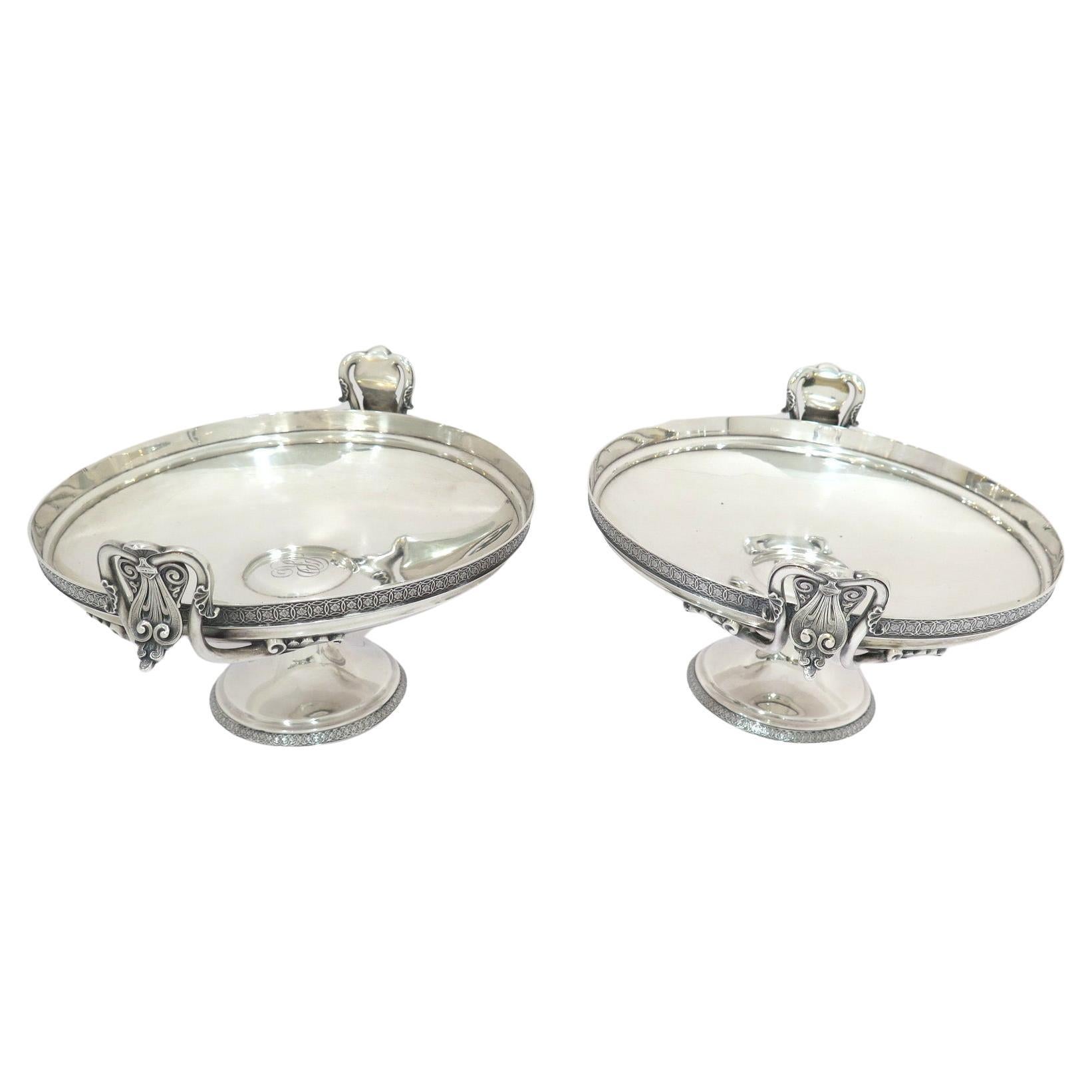Two Sterling Silver Tiffany & Co Antique Ornate Handles Footed Serving Bowls