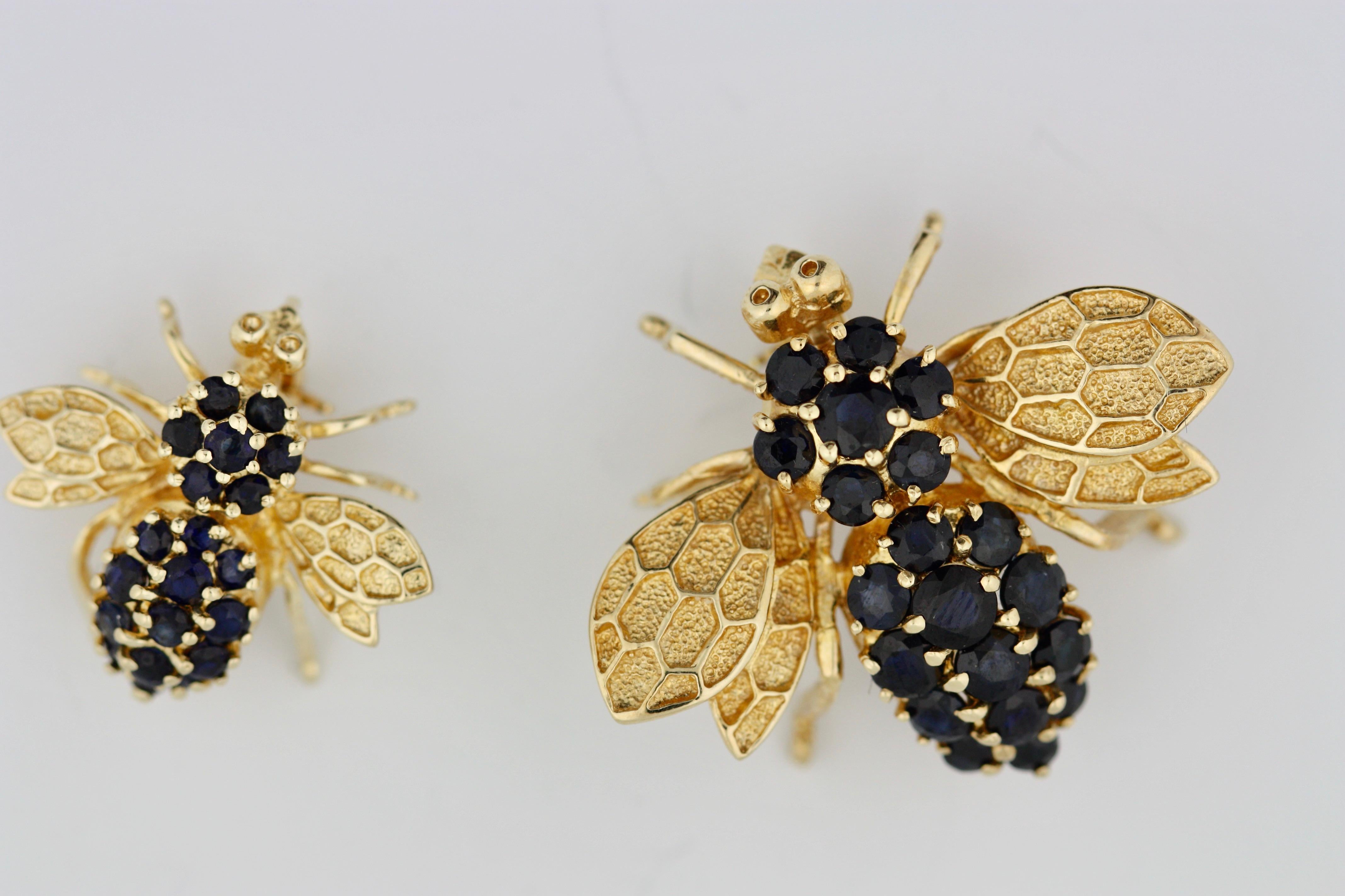 Women's or Men's Two 14 Karat Gold and Gem-Set Bee Brooches, Designed as Bees