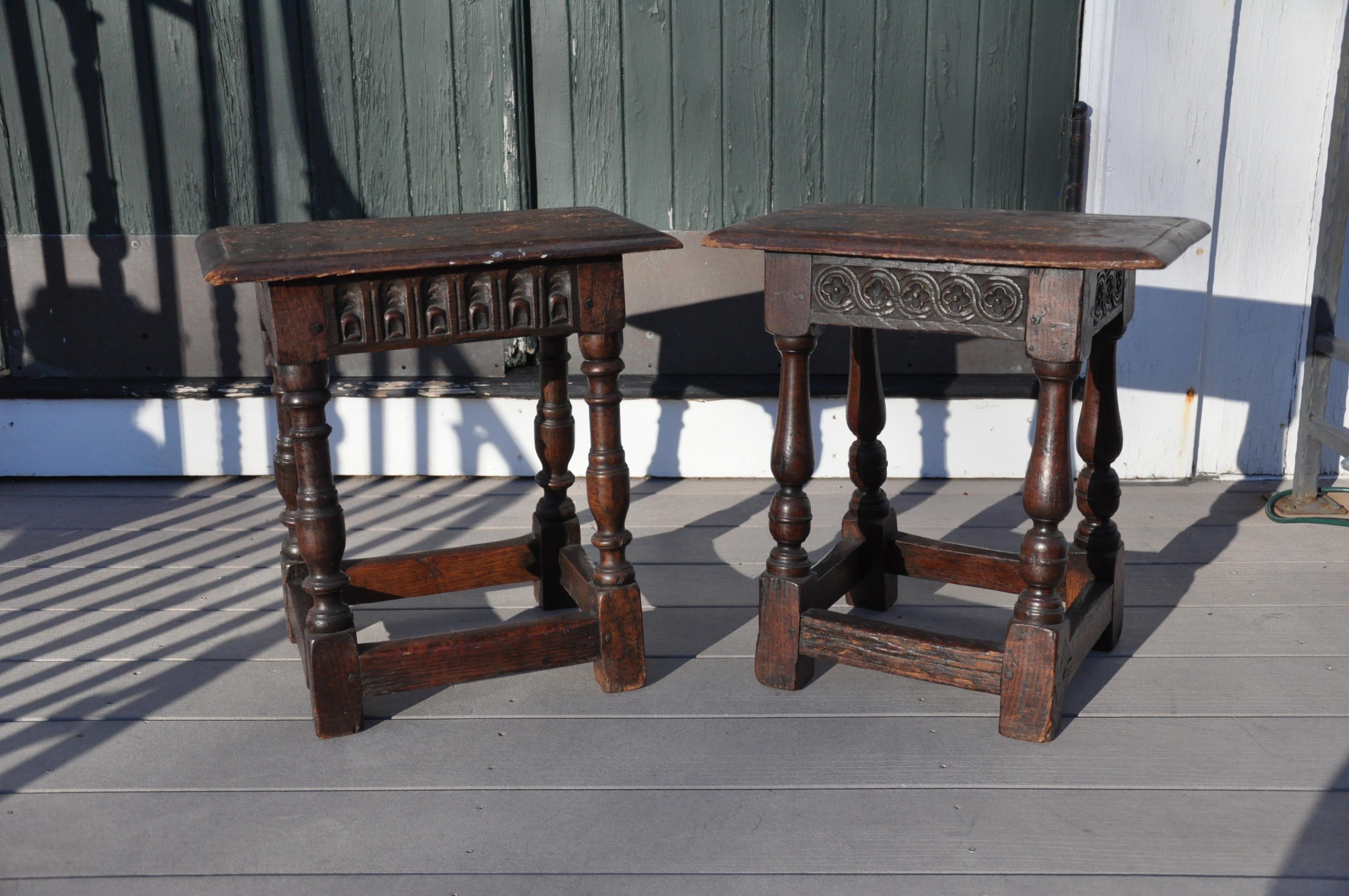 Two English Jacobean Joint stools. Original Finish. Great Patina. From an Ipswich, MA Family Collection.