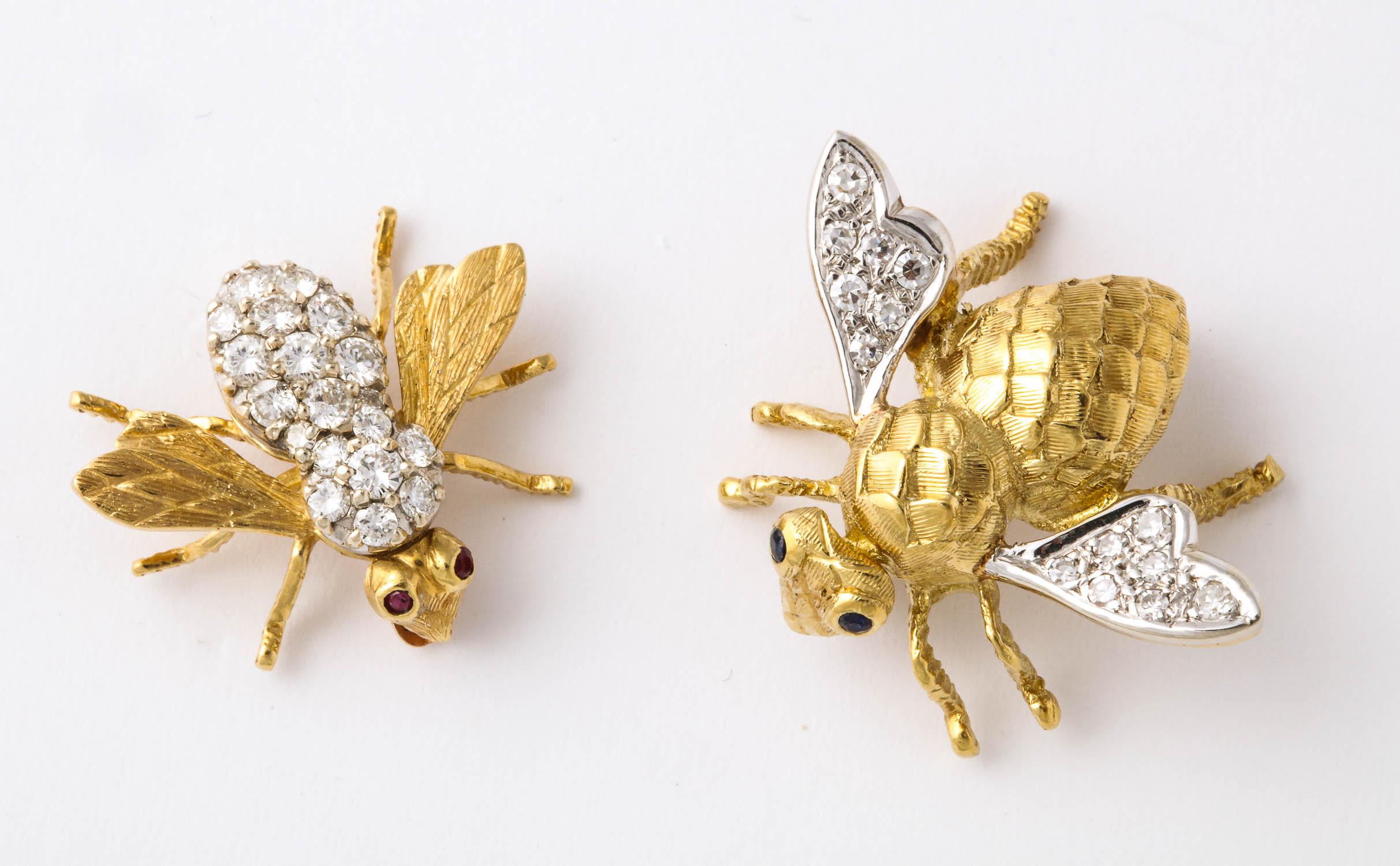 Two 18 Karat Gold and Diamond Bee Pins Handcrafted For Sale 5