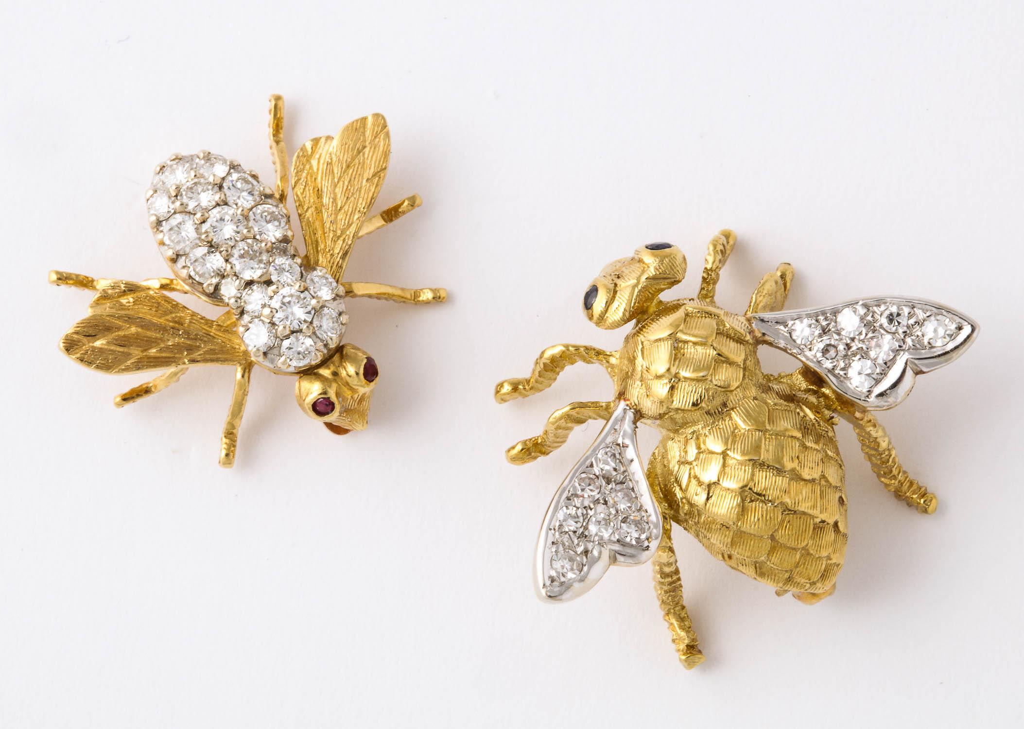 Stunning, beautifully 18k yellow gold and diamond handcrafted bee pins - classic.  Larger bee has diamond wings and an 18K gold body and legs. The smaller bee has a diamond body and 18K gold everywhere else. 

I don't want to separate them- they are