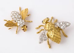 Two 18 Karat Gold and Diamond Bee Pins Handcrafted