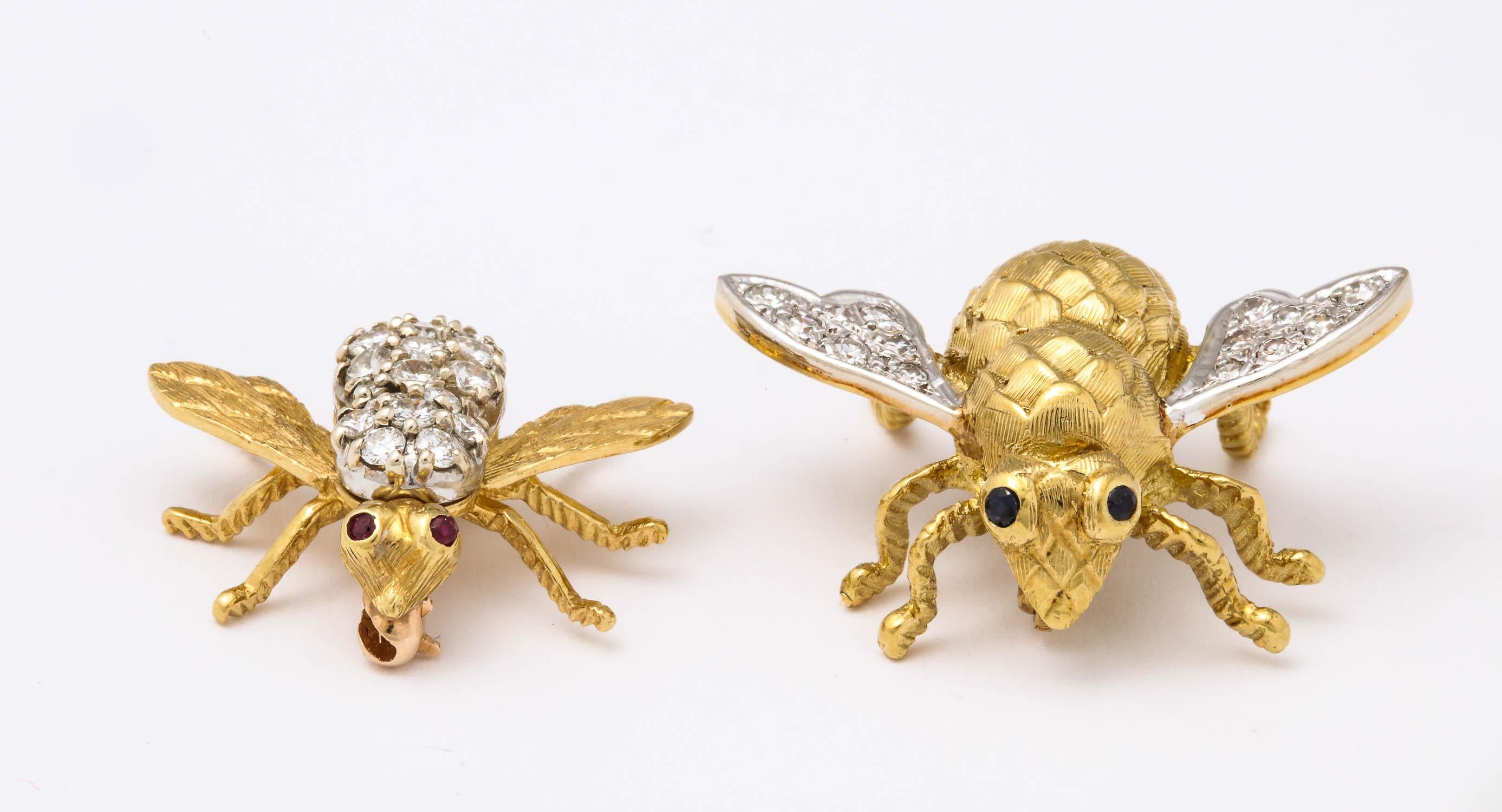 Round Cut Two 18 Karat Gold and Diamond Bee Pins Handcrafted For Sale