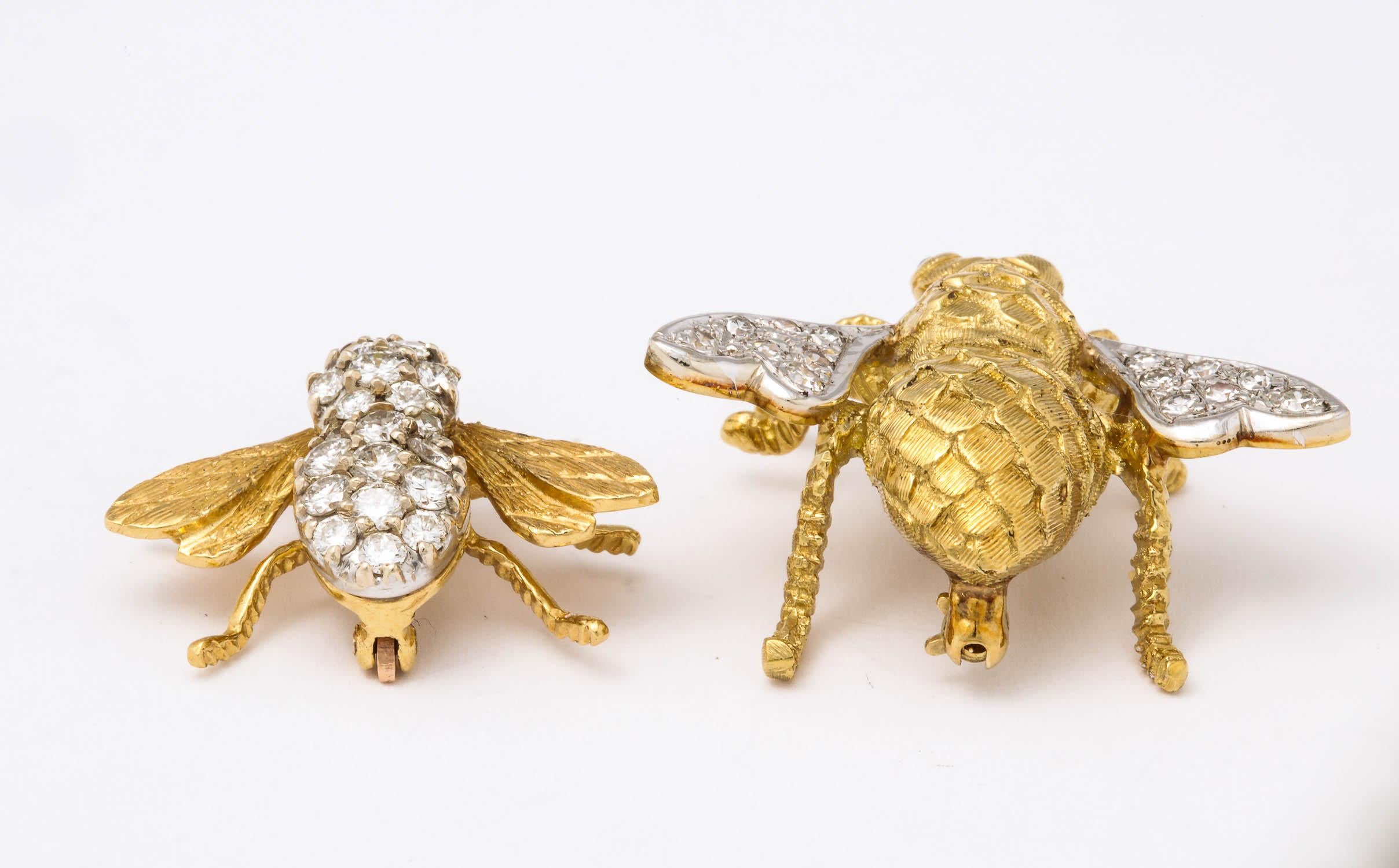 Women's or Men's Two 18 Karat Gold and Diamond Bee Pins Handcrafted For Sale