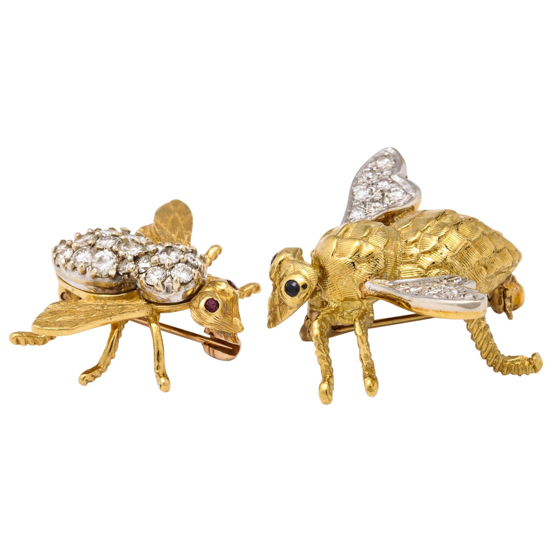 Two 18 Karat Gold and Diamond Bee Pins Handcrafted For Sale