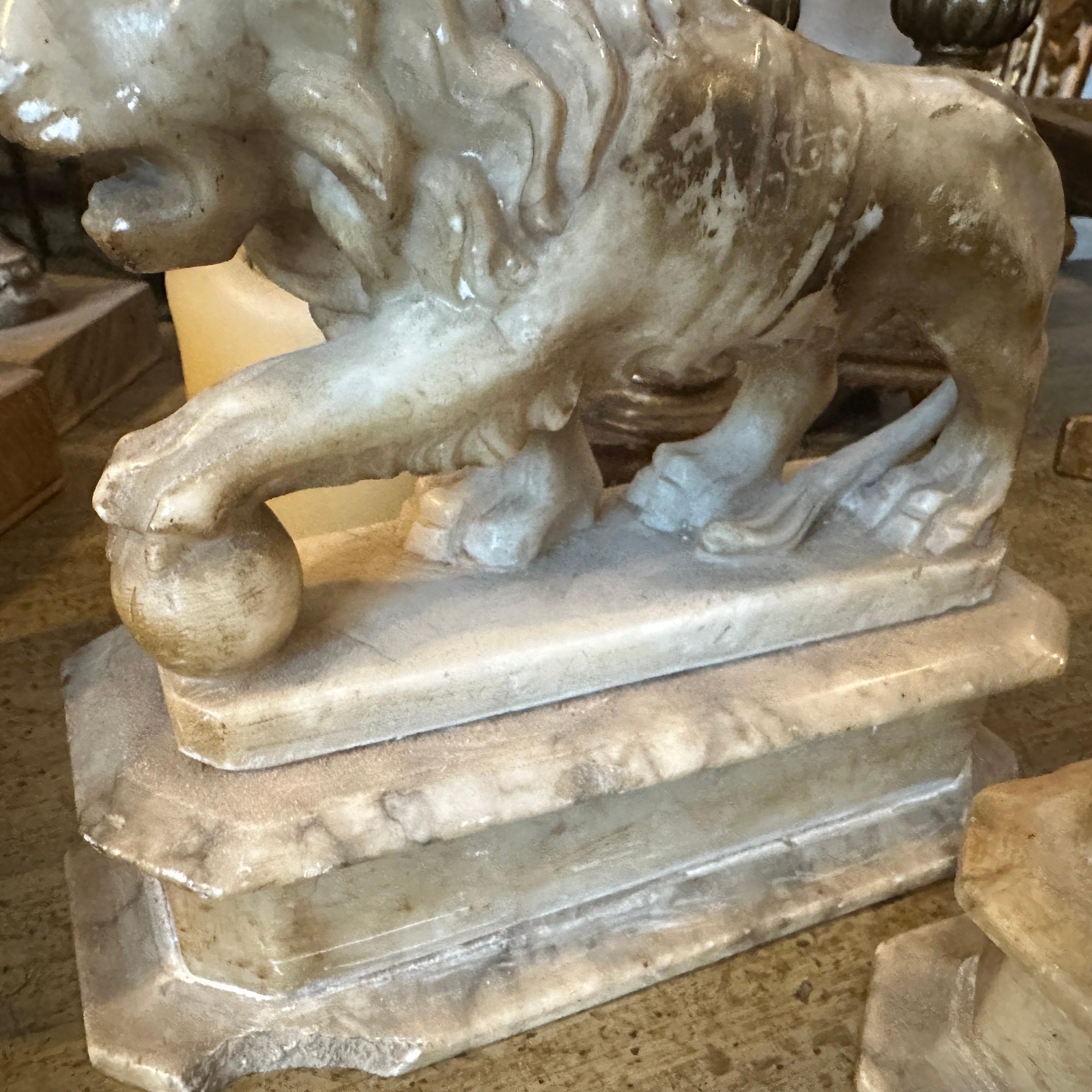 Two 1870s Roman Style Hand-Carved Alabaster Italian Sculptures of Lions 7